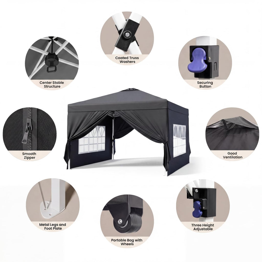 10x10 Pop-Up Canopy Tent with Removable Walls, 3 Height Adjustable Easy Set up Portable Gazebo, For Camping, White