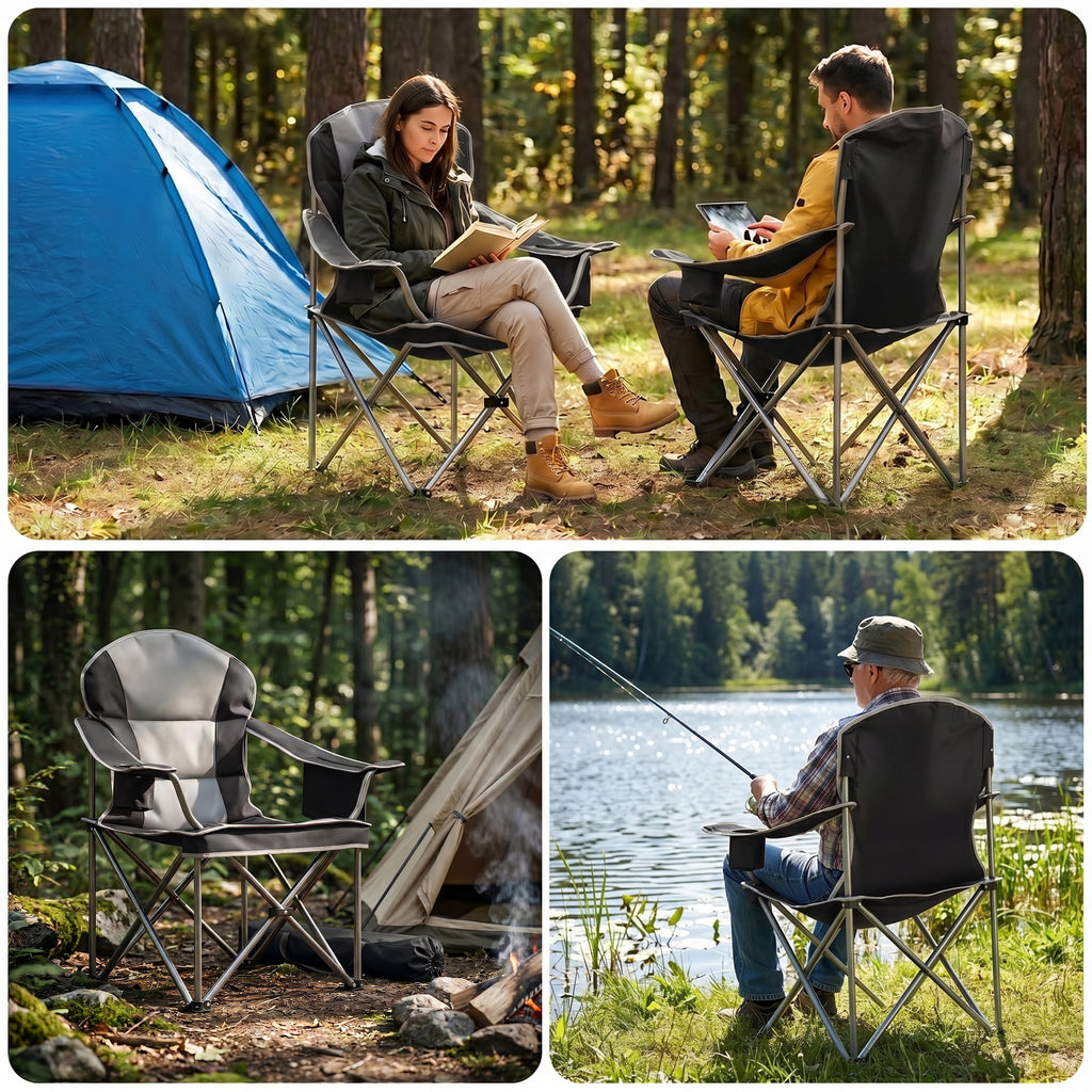 EDX Heavy Duty Camping Chair 500 lb Capacity, Oversized Extra Wide for Adults, Padded High Back Folding Lawn Chair, 500 lbs Steel Frame, Portable Outdoor Camping Chair with Cup Holder, Red Gray
