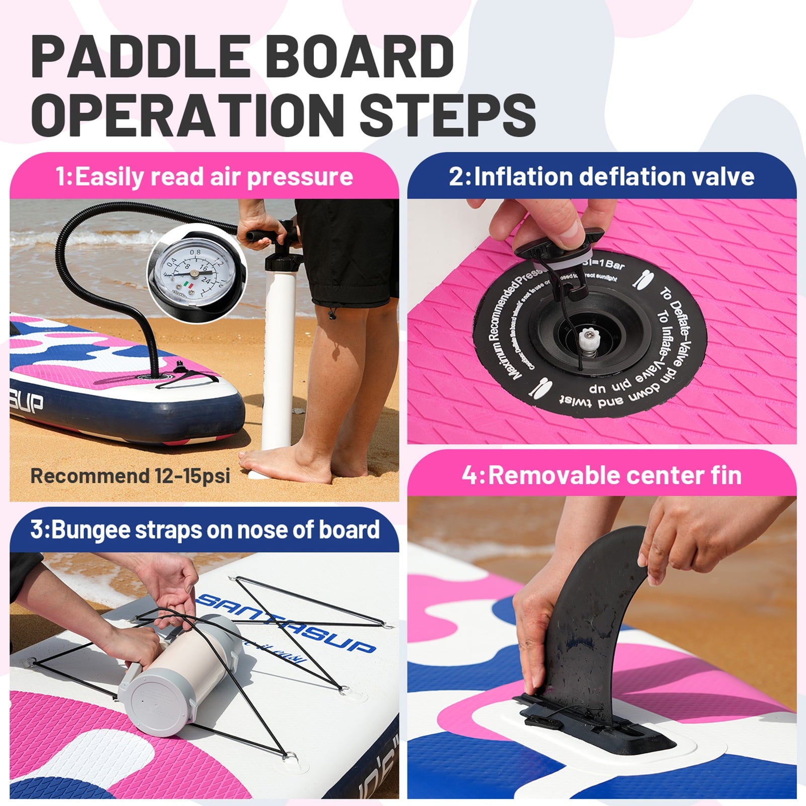 Santasup Blow Up Paddle Board Inflatable Paddle Board For Adults, 10ft Stand Up Paddleboard, Sup Board With Sup Accessories, Non-Slip Deck, Adjustable Paddle, Travel Backpack Wide Stance Pink
