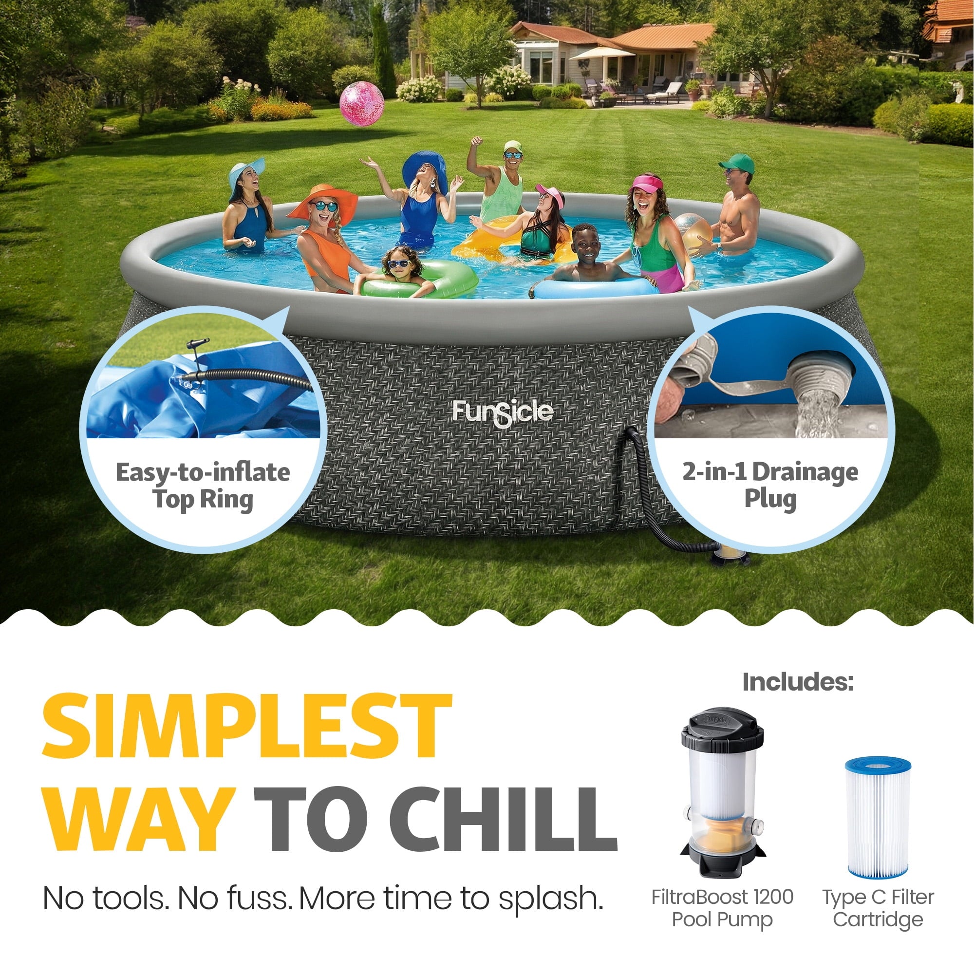 Funsicle Quickset 14’ x 36” Round Inflatable Top Ring Above Ground Swimming Pool Set
