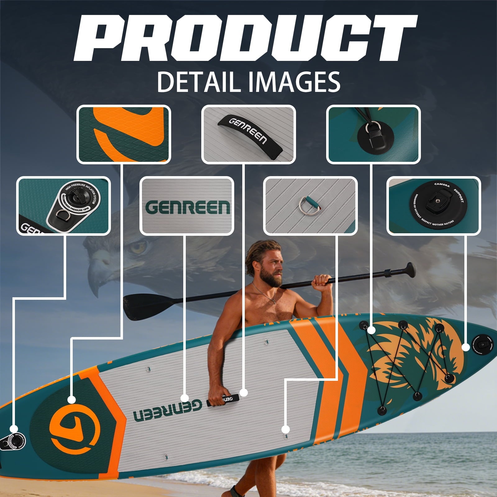 Genreen 11ft Inflatable Stand up Paddle Board (SUP), All-Around Fishing Paddle Board Full Kit for Youth & Adults