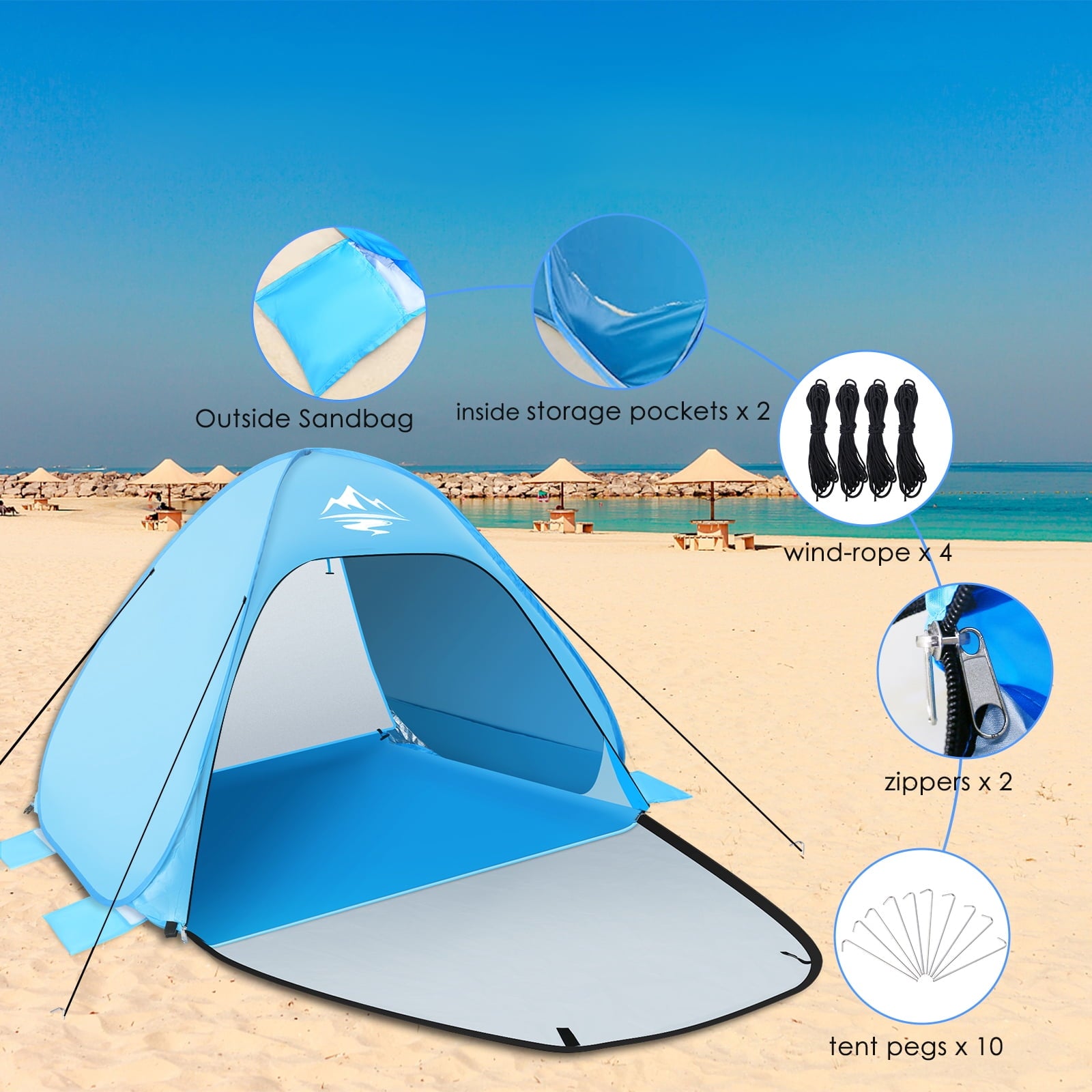 Pop up Beach Tent,  1-2 Person Portable Sun Shelter with UV 50+ Protection for Seaside and Picnic, Sky Blue