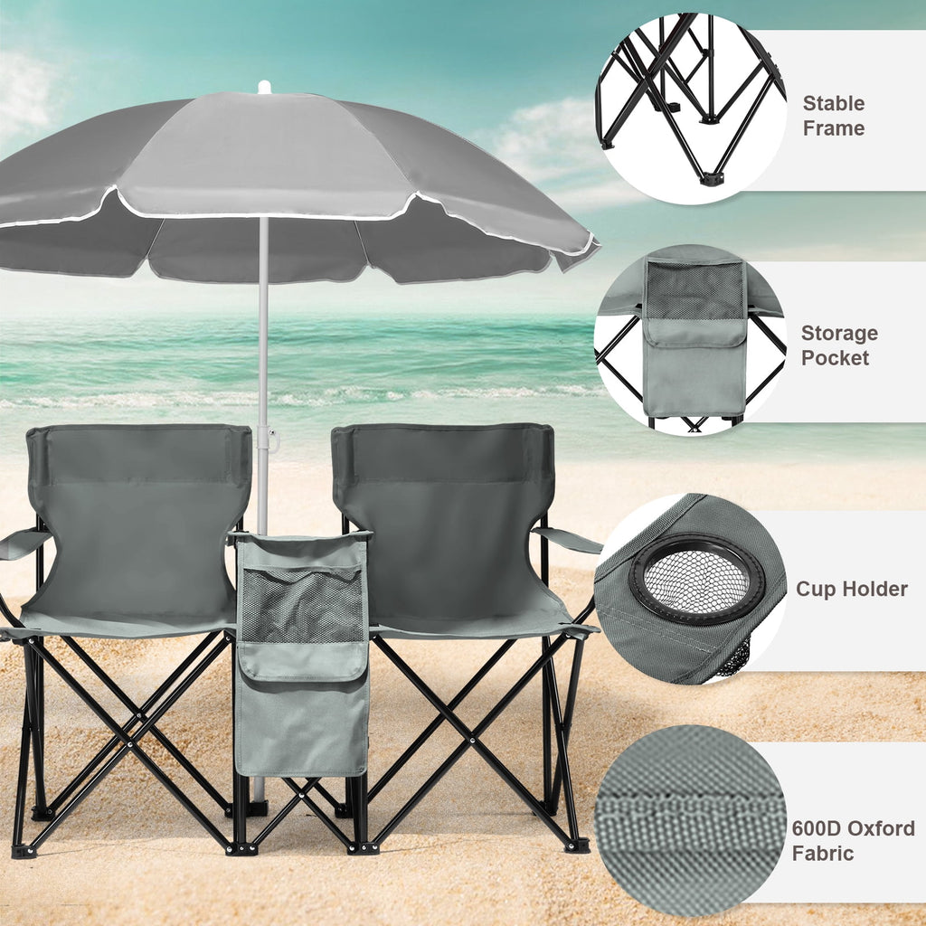 Ktaxon Camping Loveseat Chair, Folding Double Outdoor Chair with Removable Sun Umbrella & Carrying Bag, Double Chairs with Cooler Bag for Lawn Fishing Outdoor, Gray