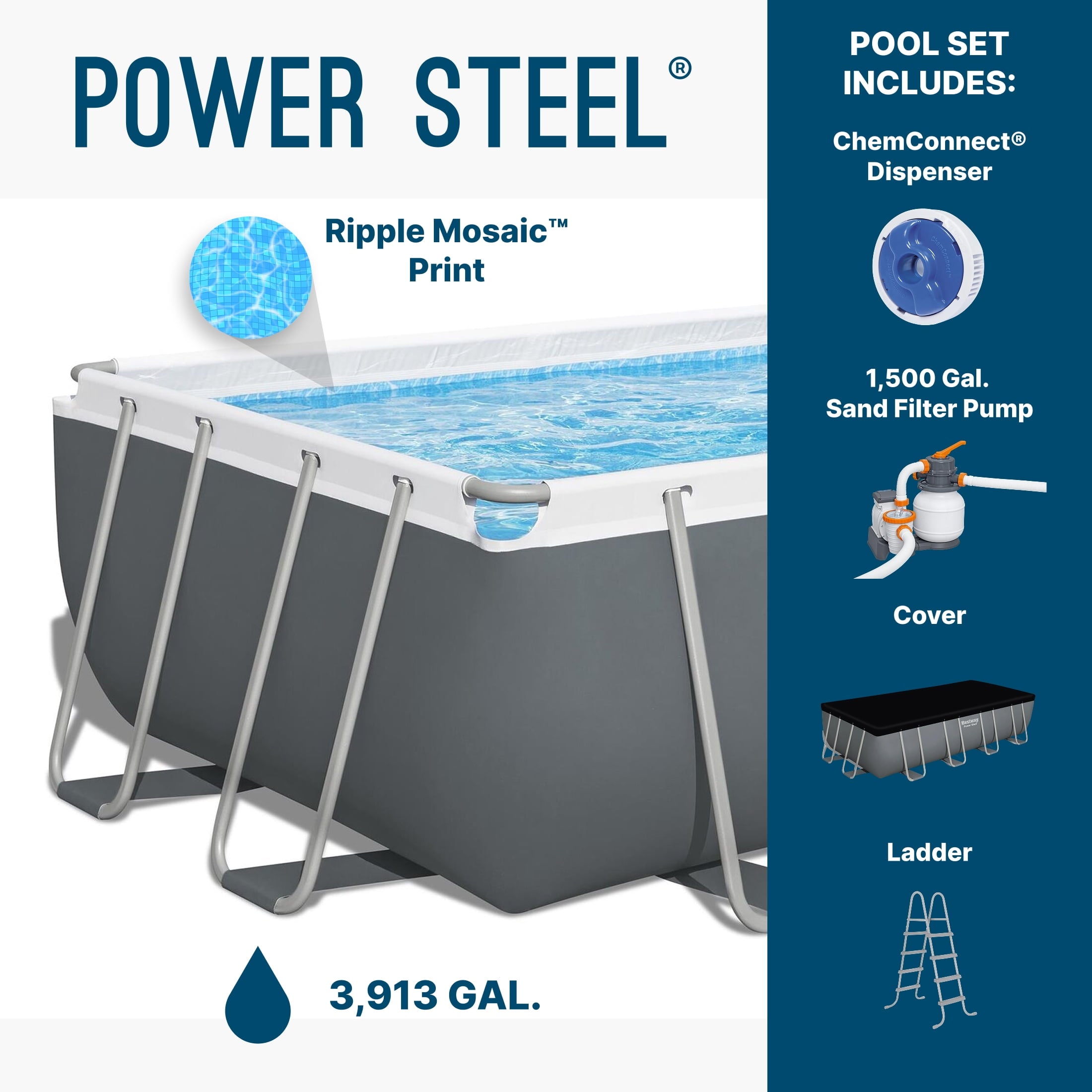 Bestway Power Steel 24’ x 12' x 52” Metal Frame Above Ground Pool, Gray