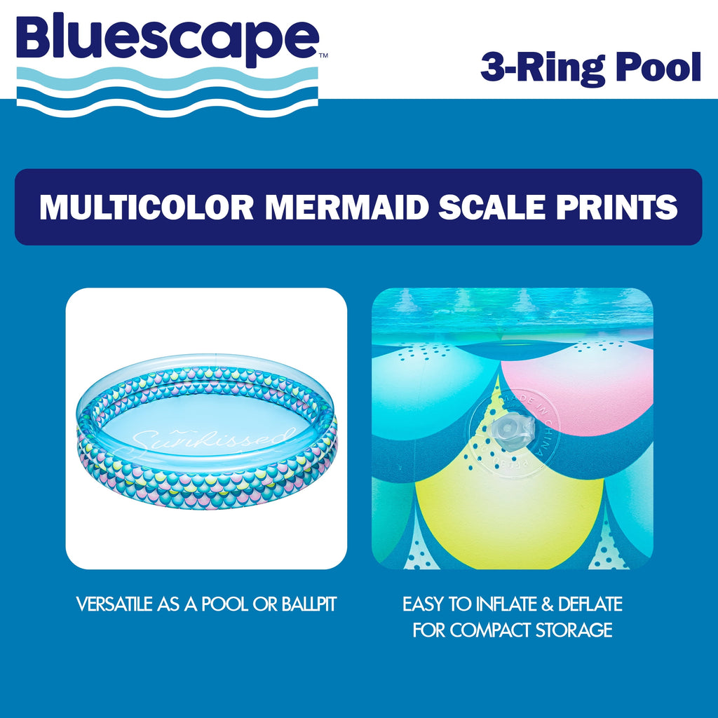 Bluescape Colorful Mermaid Print 3-Ring Inflatable Swimming Pool for Kids, Round, Age 2 & up, Unisex