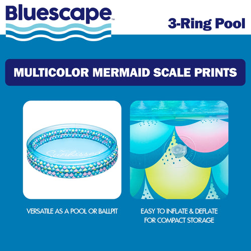Bluescape Colorful Mermaid Print 3-Ring Inflatable Swimming Pool for Kids, Round, Age 2 & up, Unisex