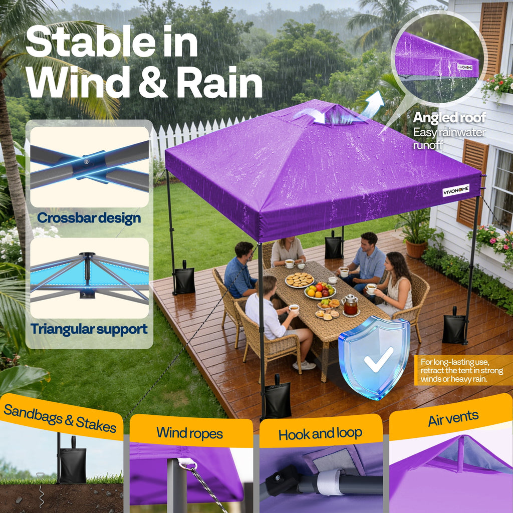 SPECSTAR 8x8ft Pop-up Canopy Tent One Push Setup Instant Tent with Center Lock, Wheel Carry Bag and 4 Sandbags for Events Parties, Purple