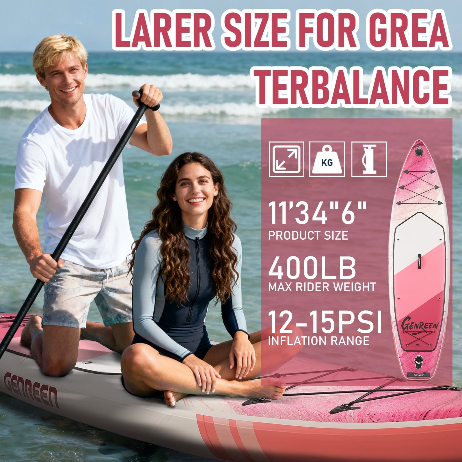 Genreen 11FT Inflatable Stand Up Paddle Board，Wide Sup with Premium Accessories, Fishing Blow Up Paddleboard for Youth & Adults