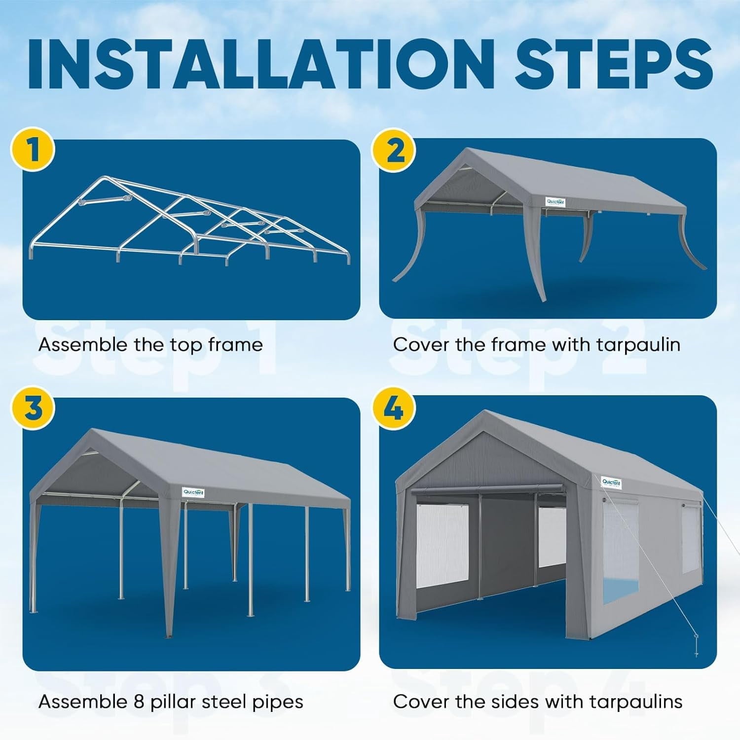 Quictent 10x20 ft Heavy Duty Carport Canopy Galvanized Car Tent Outdoor Garage Boat Shelter with Reinforced Structure, No Sidewall - White