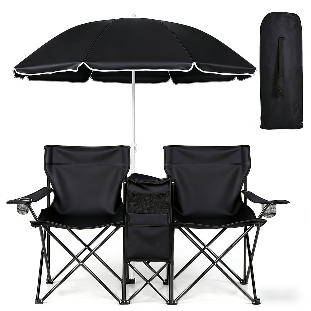 COWIN Outdoor Foldable Picnic Double Chair ,Camping Chairs with Umbrella Camping Double Portable Chairs Folding Beach Chair with Insulation Bag,Backpacking Blue
