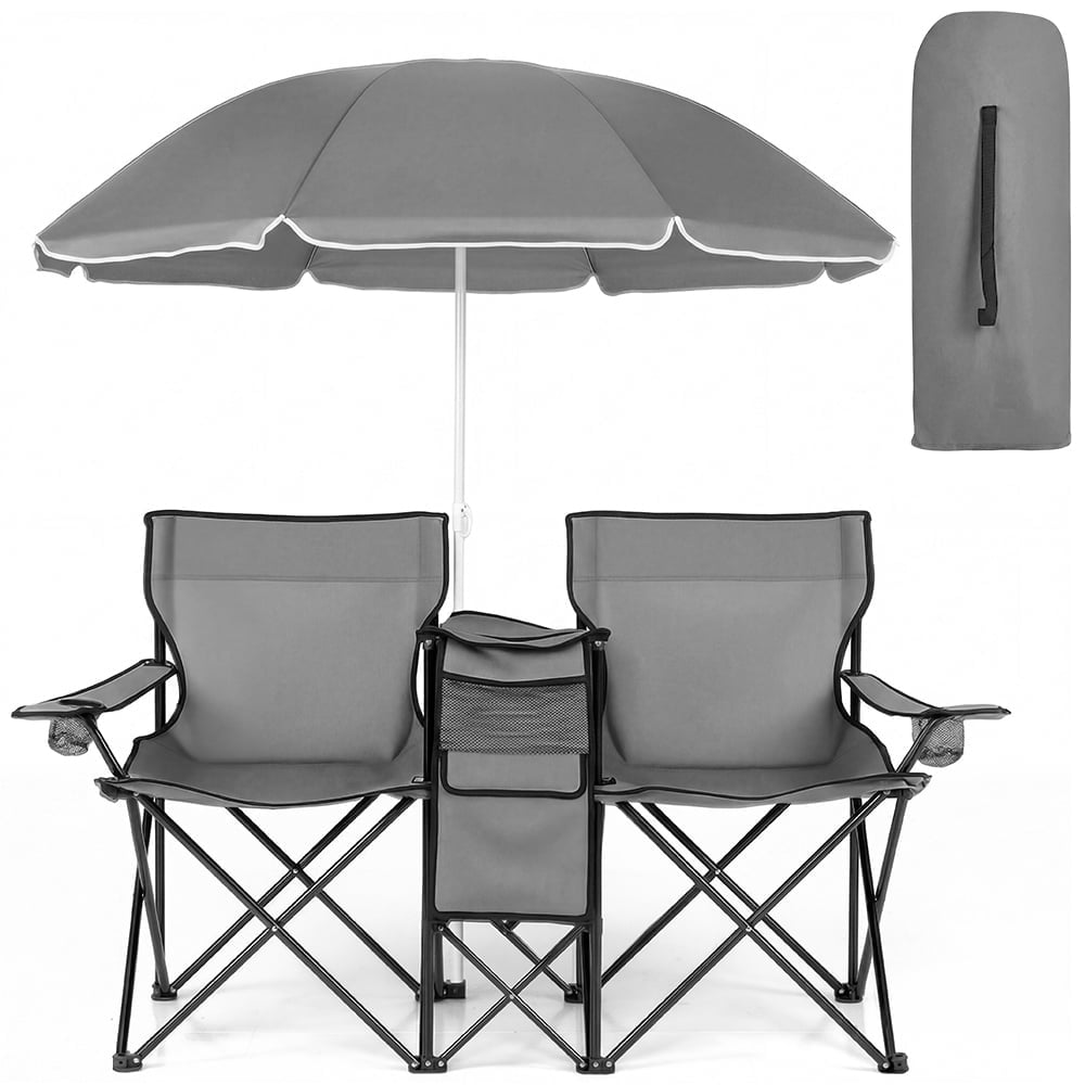 COWIN Outdoor Foldable Picnic Double Chair ,Camping Chairs with Umbrella Camping Double Portable Chairs Folding Beach Chair with Insulation Bag,Backpacking Blue