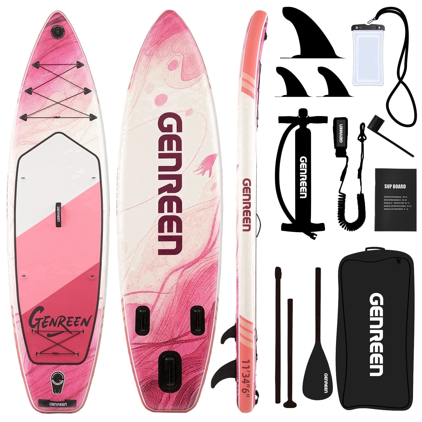 Genreen 11FT Inflatable Stand Up Paddle Board，Wide Sup with Premium Accessories, Fishing Blow Up Paddleboard for Youth & Adults