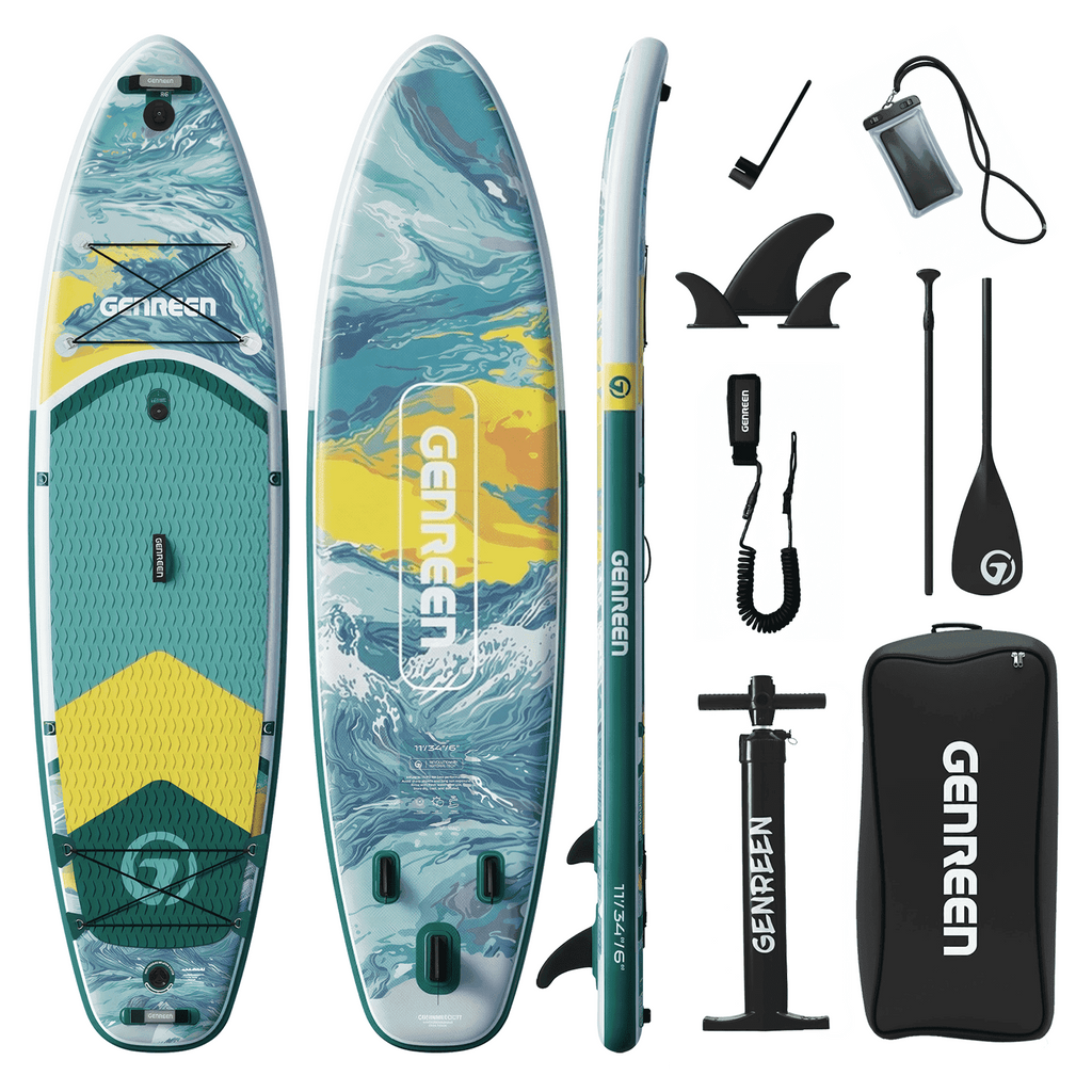 Genreen 11’ Inflatable Stand Up Paddle Board with SUP Accessories, Fishing Paddle Board for Youth & Adults of All Skill Levels