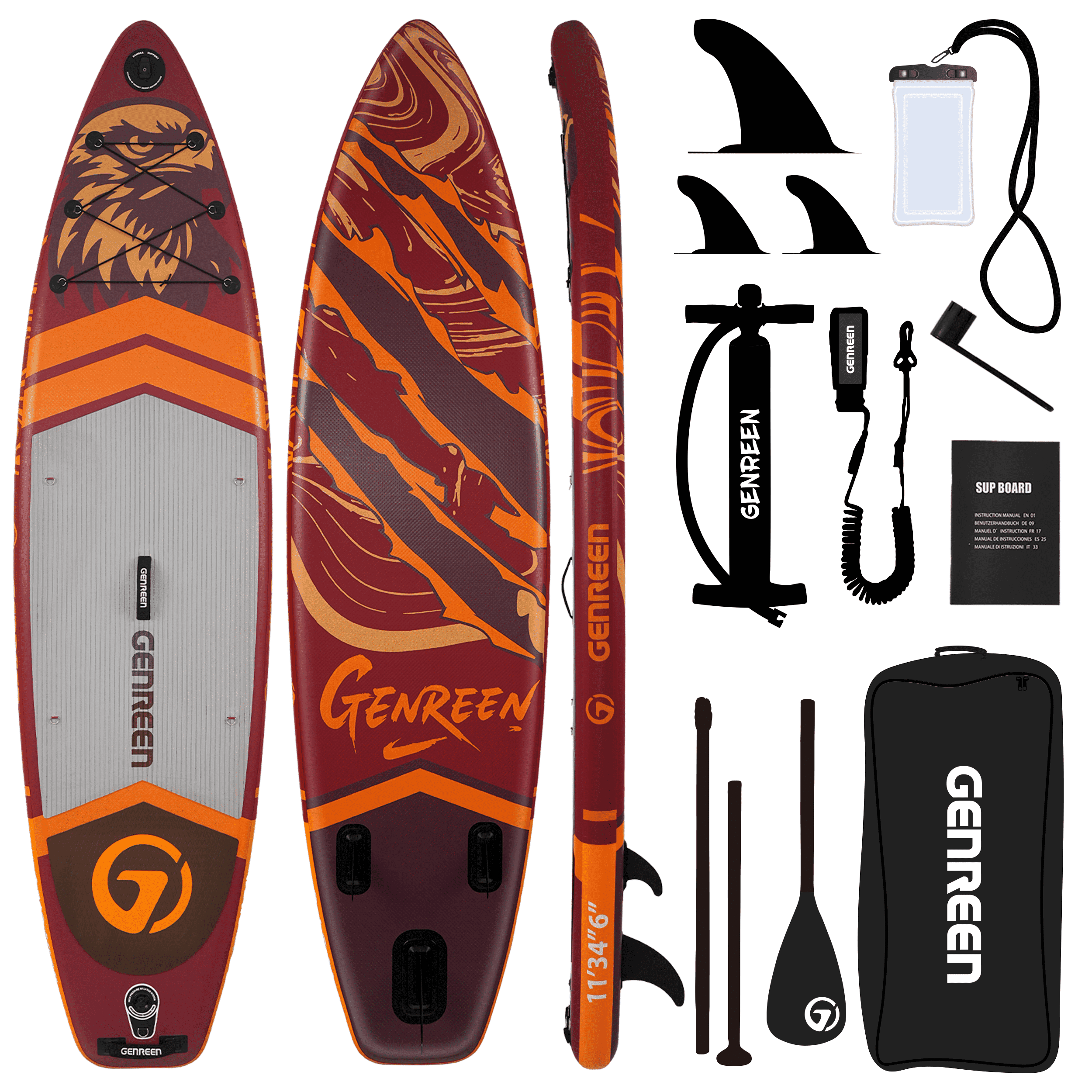 Genreen 11ft Inflatable Stand up Paddle Board (SUP), All-Around Fishing Paddle Board Full Kit for Youth & Adults