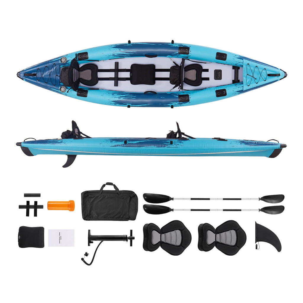 KFFKFF 2-Person Inflatable Kayak, 700LBS Capacity, Durable & Leak-Resistant Design with Padded Seats, PVC Drop-Stitch Floor, Dual Paddles, Hand Pump, and Carry Bag for Fishing and Camping