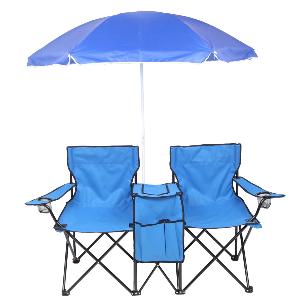 Ktaxon Camping Loveseat Chair, Folding Double Outdoor Chair with Removable Sun Umbrella & Carrying Bag, Double Chairs with Cooler Bag for Lawn Fishing Outdoor, Gray