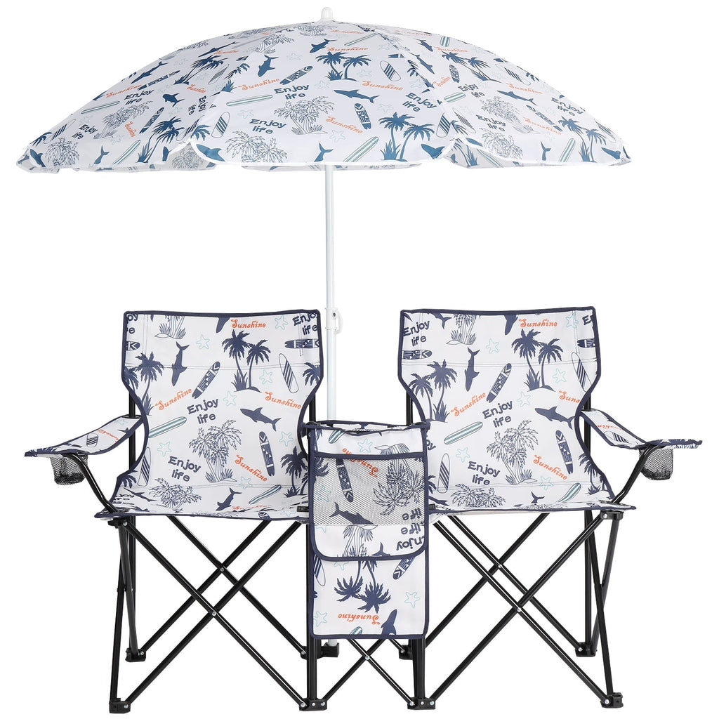 Ktaxon Camping Loveseat Chair, Folding Double Outdoor Chair with Removable Sun Umbrella & Carrying Bag, Double Chairs with Cooler Bag for Lawn Fishing Outdoor, Gray