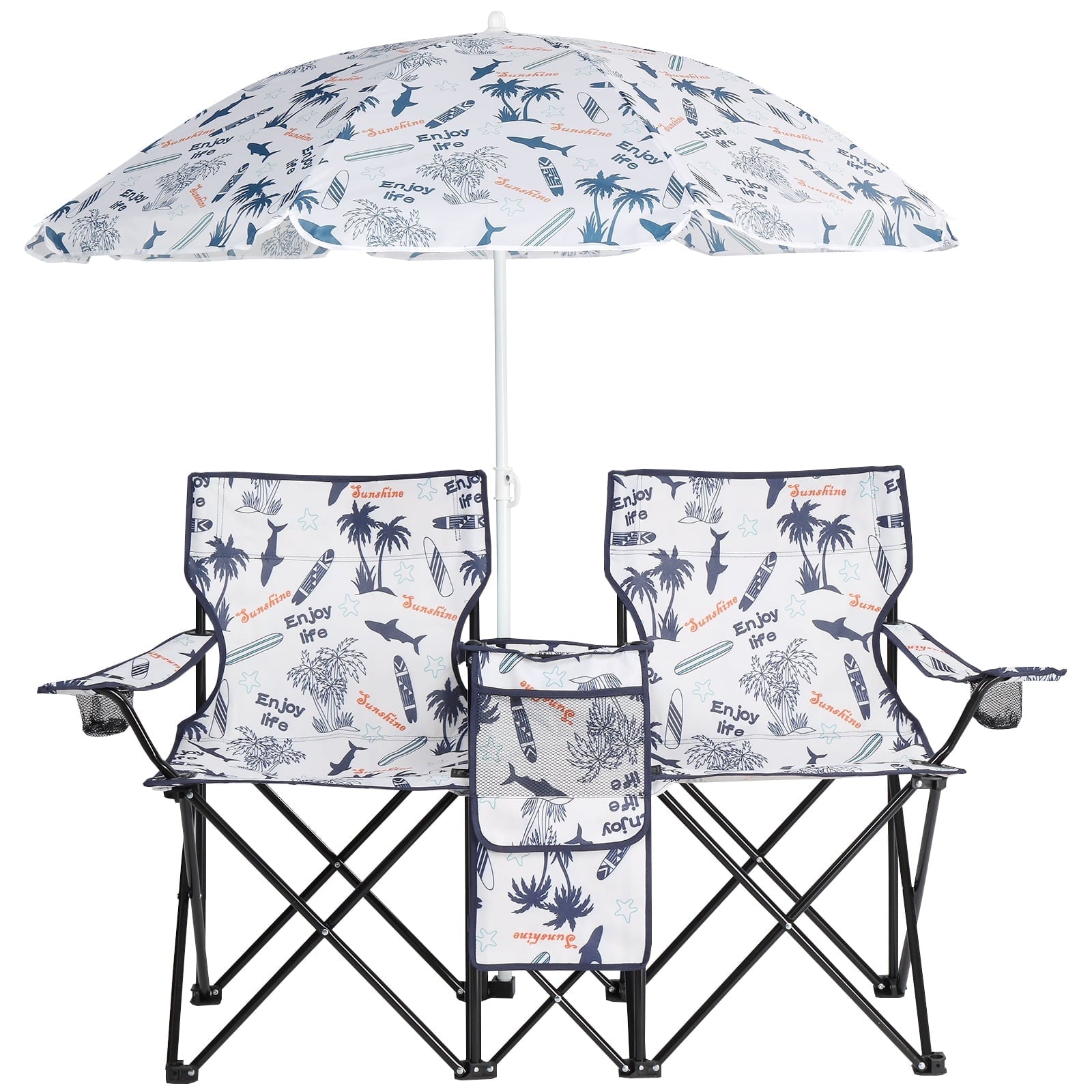 Ktaxon Camping Loveseat Chair, Folding Double Outdoor Chair with Removable Sun Umbrella & Carrying Bag, Double Chairs with Cooler Bag for Lawn Fishing Outdoor, Gray