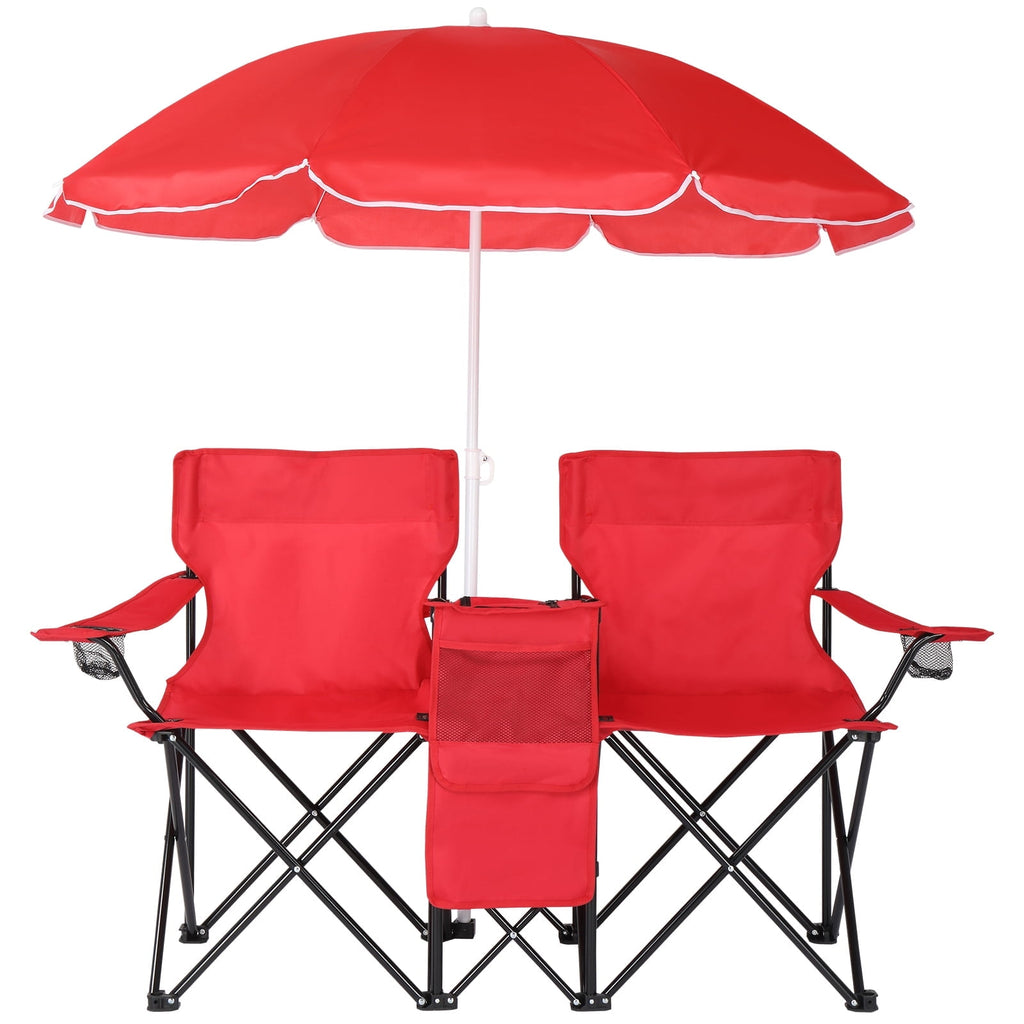 Ktaxon Camping Loveseat Chair, Folding Double Outdoor Chair with Removable Sun Umbrella & Carrying Bag, Double Chairs with Cooler Bag for Lawn Fishing Outdoor, Gray