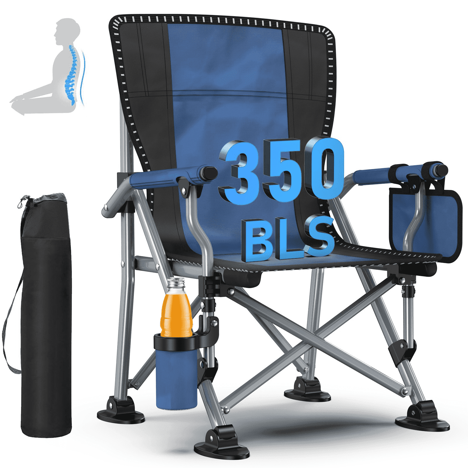 LNOW Folding Camping Chair with Cup Holder & Side Pocket Lightweight Portable Chairs for Beach, Sports, Fishing, ‌‌Black
