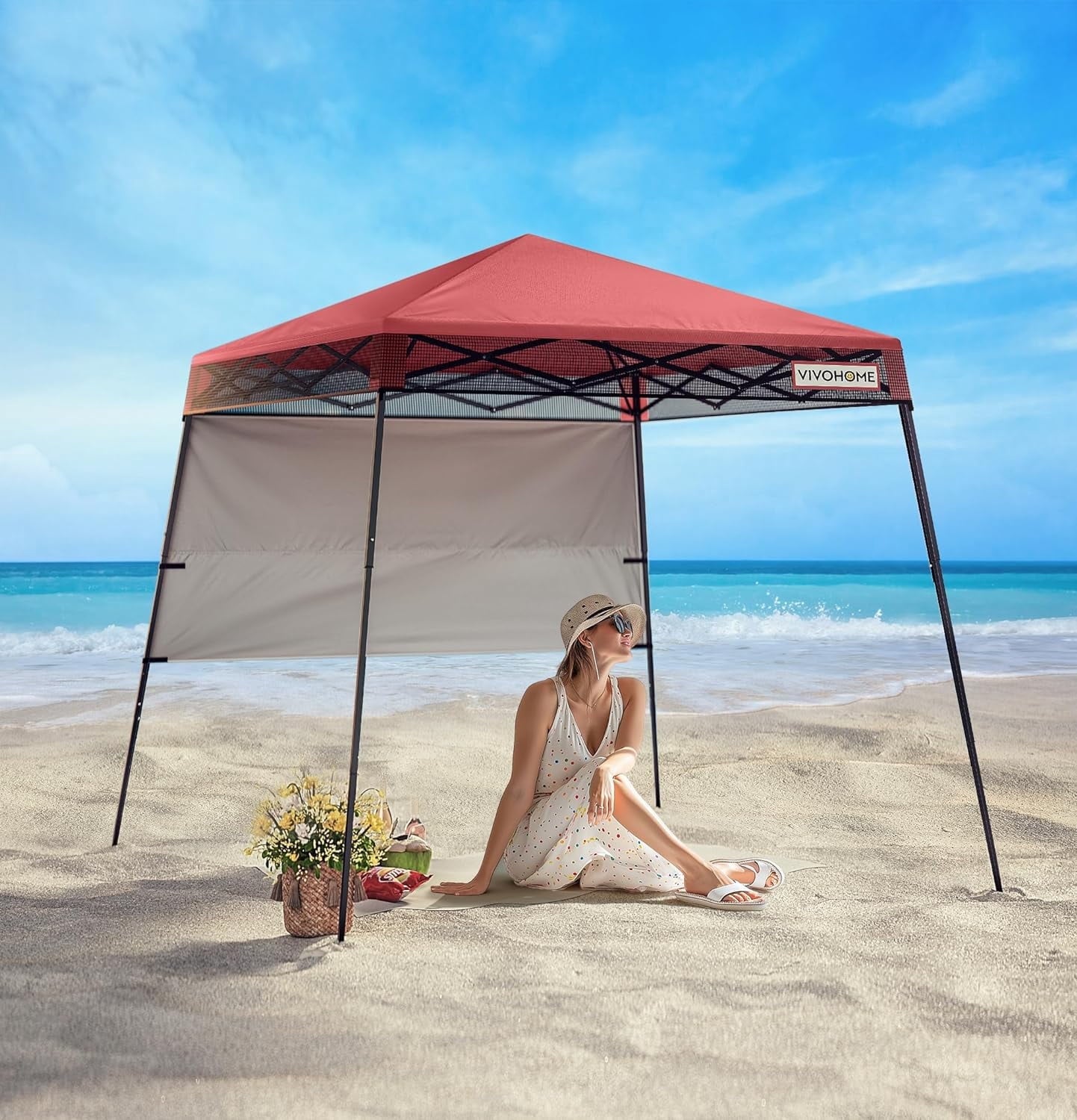 SPECSTAR 8'x8' Slant Leg Canopy Tent with Central Lock Design, Perfect for Camping, Party, Yard, and Beach Events, Beige (6x6ft Canopy Cover)