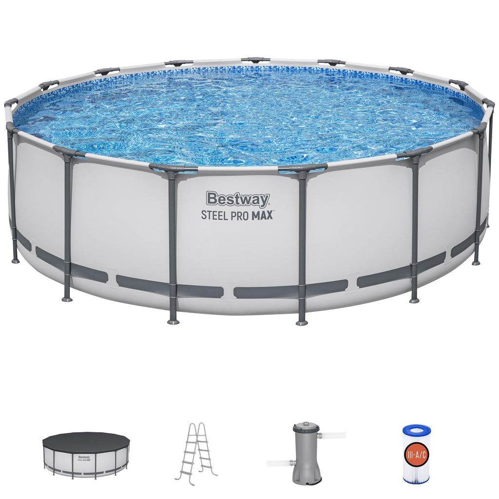 Bestway Steel Pro MAX 15' x 48 Prismatic Stone Pool Set| Durable Construction, Easy Assembly, and All-Inclusive Accessories - above ground pool set with filter pump, ladder, and pool cover