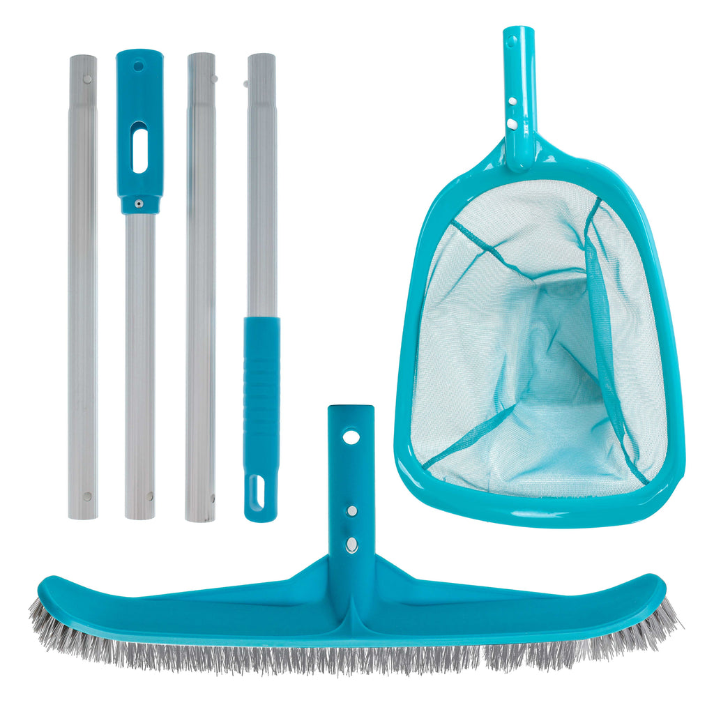 U.S. Pool Supply Pool Maintenance Kit with Leaf Skimmer Net, Brush, and Adjustable Telescopic Pole - 6 Deep Mesh Netting, Nylon Scrub Brush, Clean Sweep Debris from Walls, Floors, Steps, Spas, Ponds