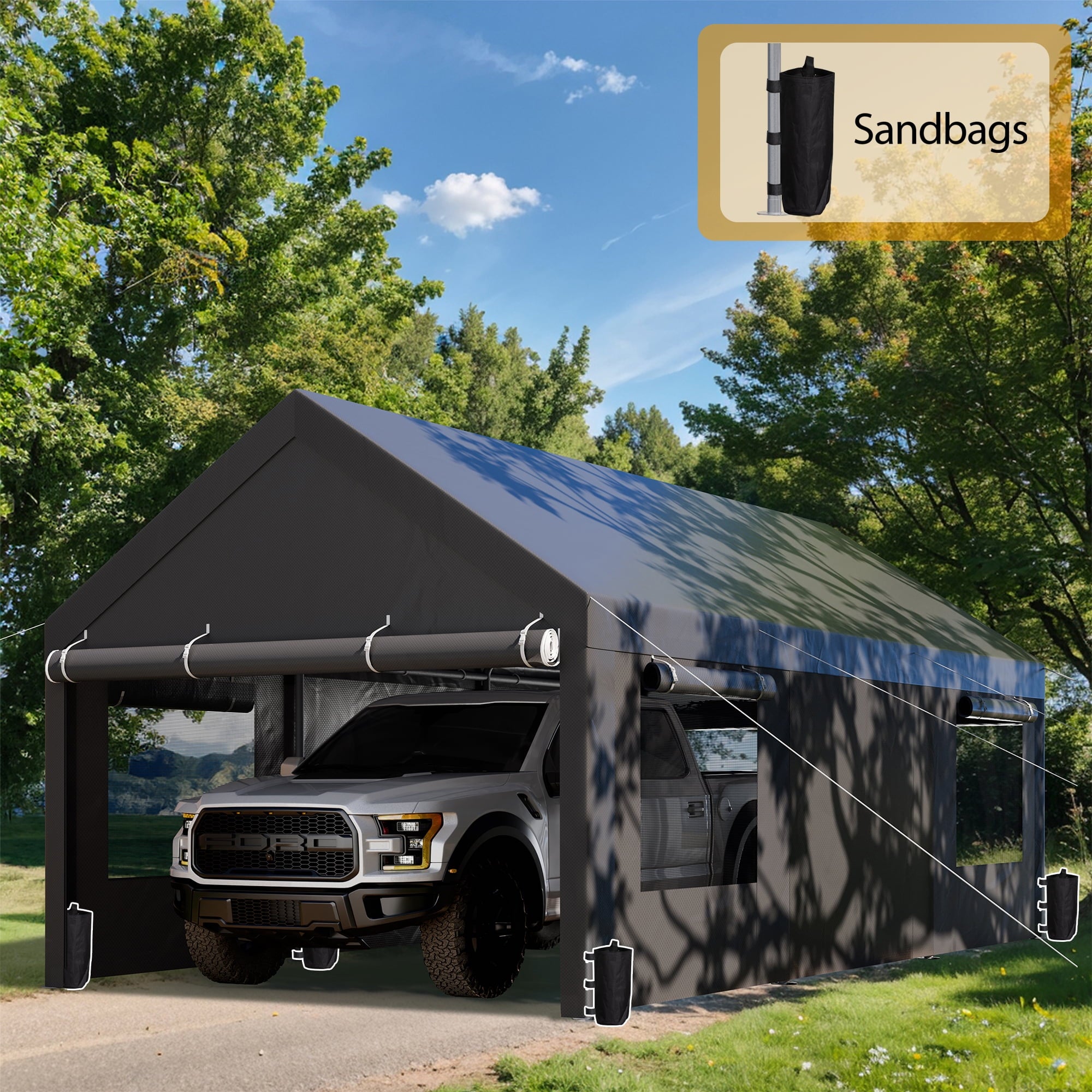 Walsunny 10x20 ft Carport with 4 Sandbags Heavy Duty Car Canopy with Roll-up Windows Portable Garage with Removable Sidewalls & Doors Khaki