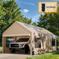 Walsunny 10x20 ft Carport with 4 Sandbags Heavy Duty Car Canopy with Roll-up Windows Portable Garage with Removable Sidewalls & Doors Khaki