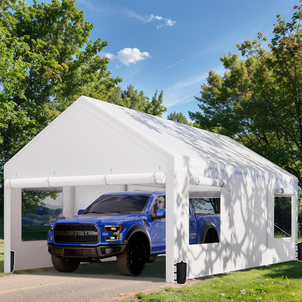 Walsunny 10x20 ft Carport with 4 Sandbags Heavy Duty Car Canopy with Roll-up Windows Portable Garage with Removable Sidewalls & Doors Khaki
