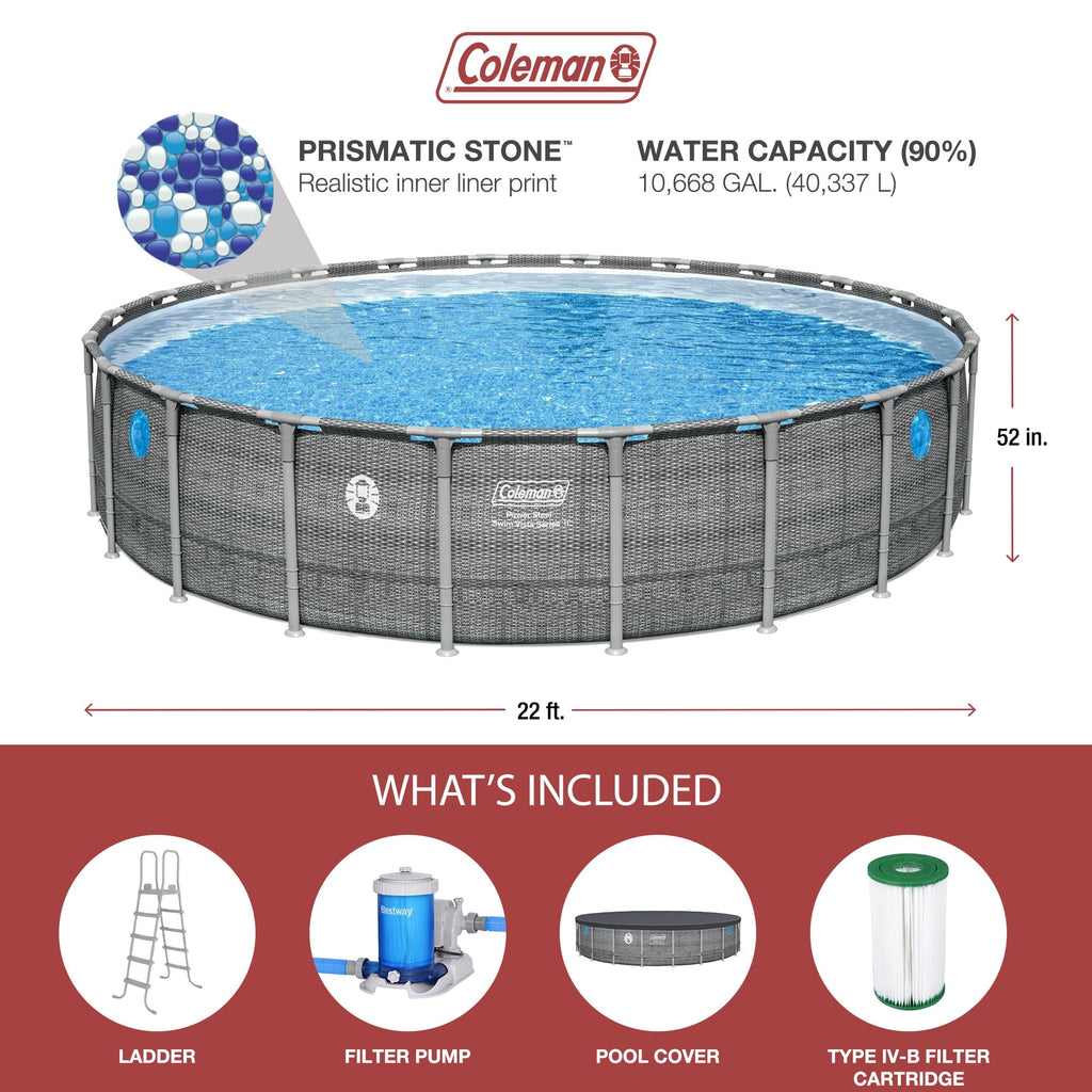Coleman Power Steel 22’x52” Metal Frame Above Ground Pool w/ Pump, Ladder, & Cover, Gray