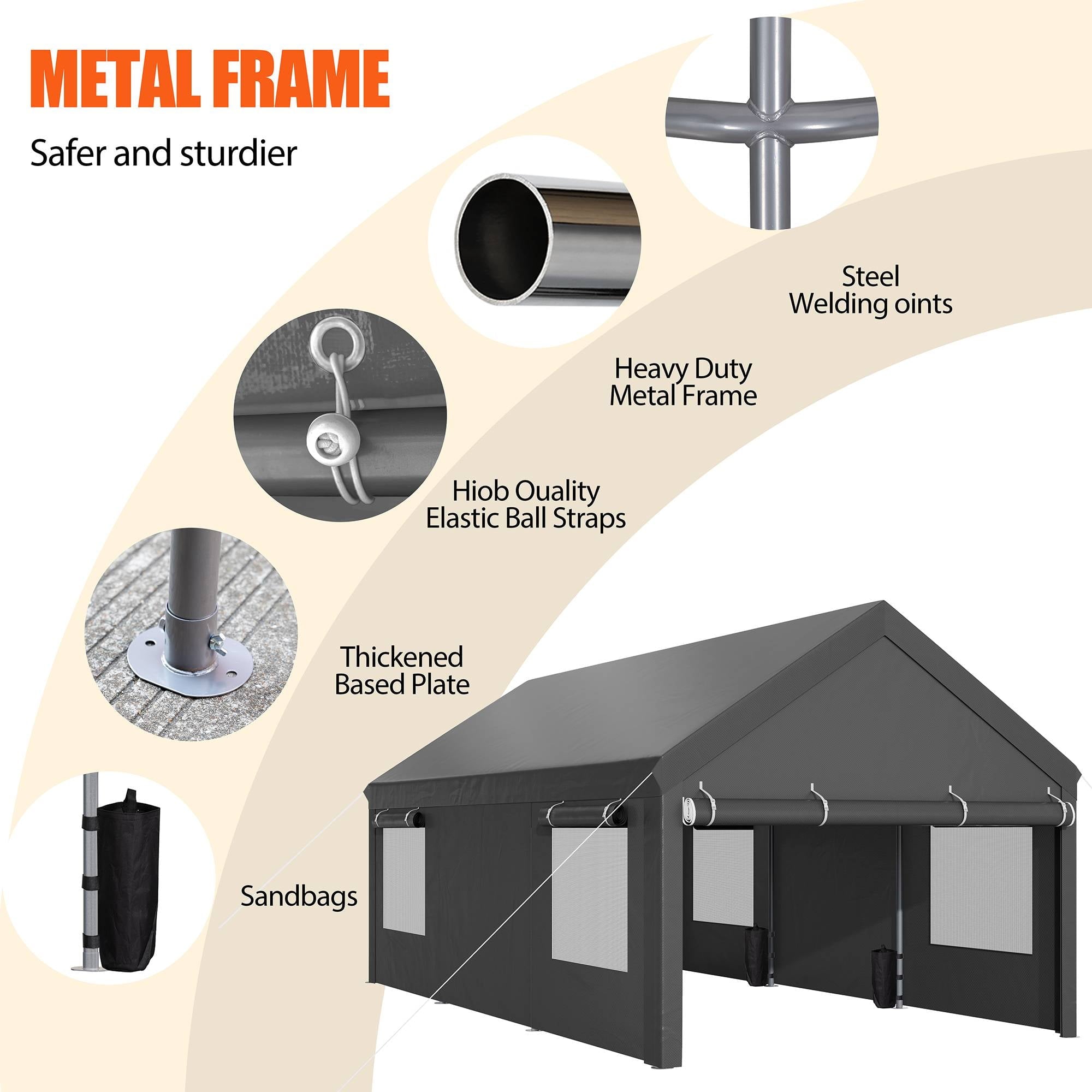 Walsunny 10x20 ft Carport with 4 Sandbags Heavy Duty Car Canopy with Roll-up Windows Portable Garage with Removable Sidewalls & Doors Khaki