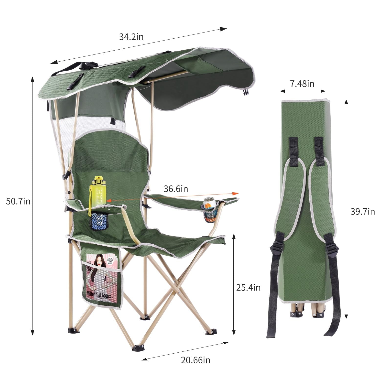 VTOY Camping Chair with Canopy Portable Canopy Camping Chairs with Shade for Outside Folding Beach Chairs with Shade for Adults(Olive Green)