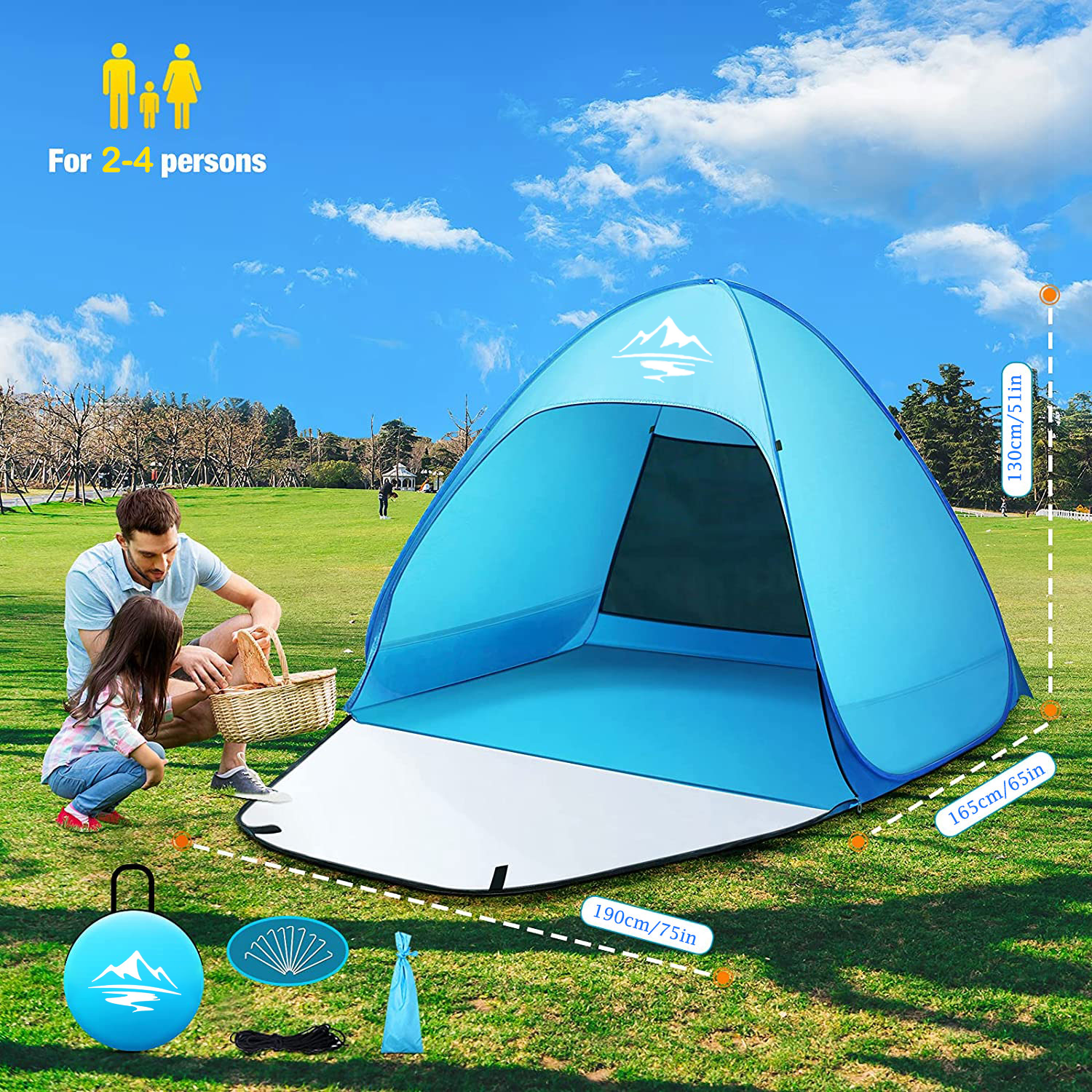 Pop up Beach Tent,  1-2 Person Portable Sun Shelter with UV 50+ Protection for Seaside and Picnic, Sky Blue