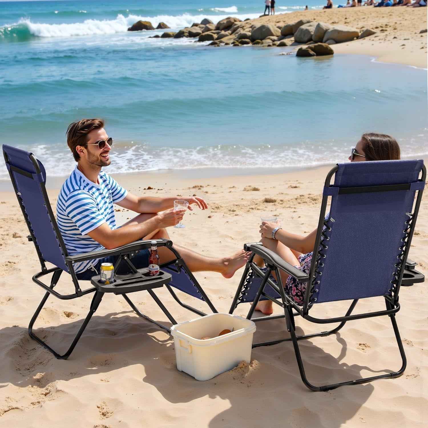 Simenmax Zero Gravity Chair Set of 2, Reclining Folding Outdoor Chairs with Adjustable Headrest & Cup Holder, Anti - Gravity Loungers for Backyard, Patio, Lawn, Poolside,Blue