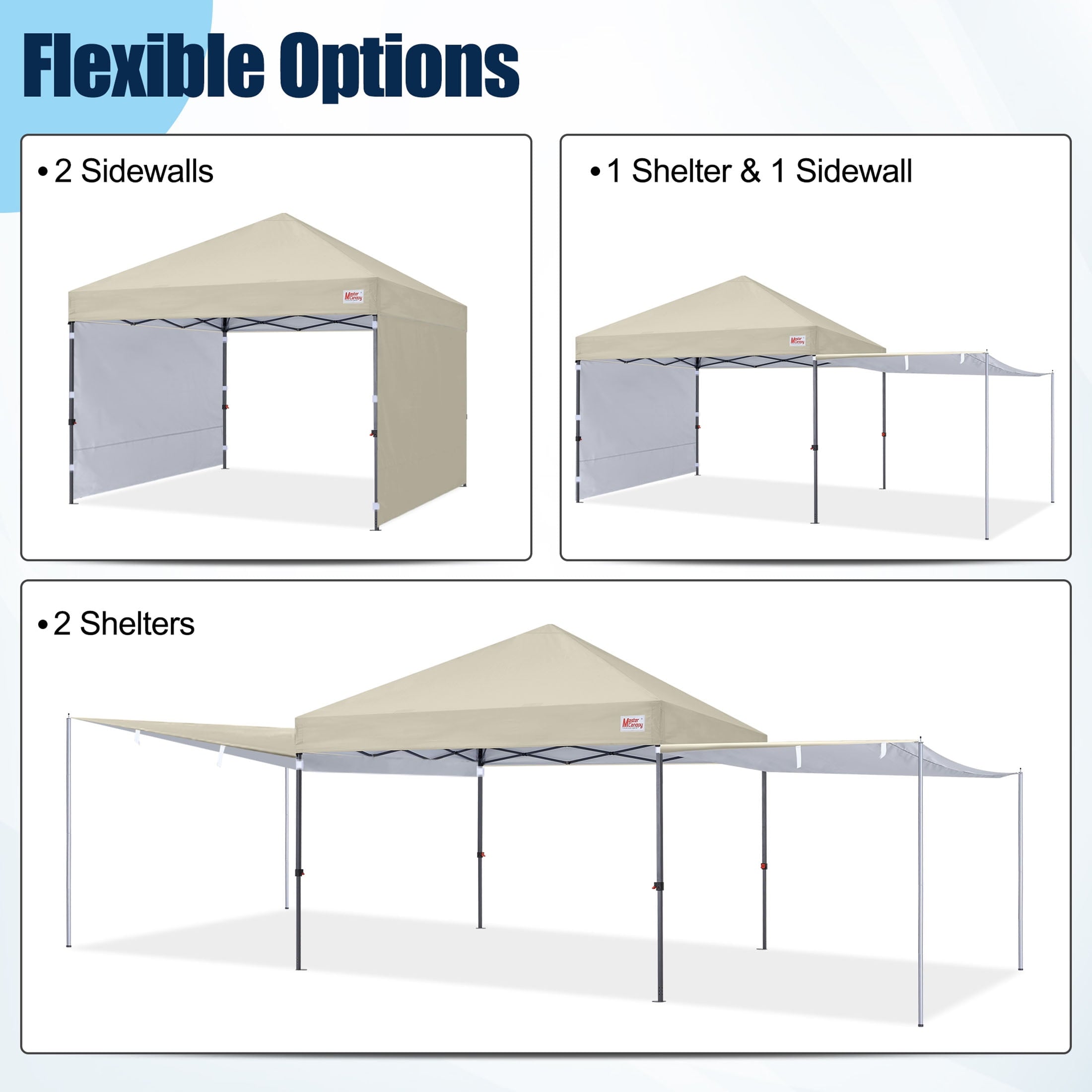 MASTERCANOPY 10 x 10ft Pop-up Canopy Tent with 2 Detachable Side Shades, White