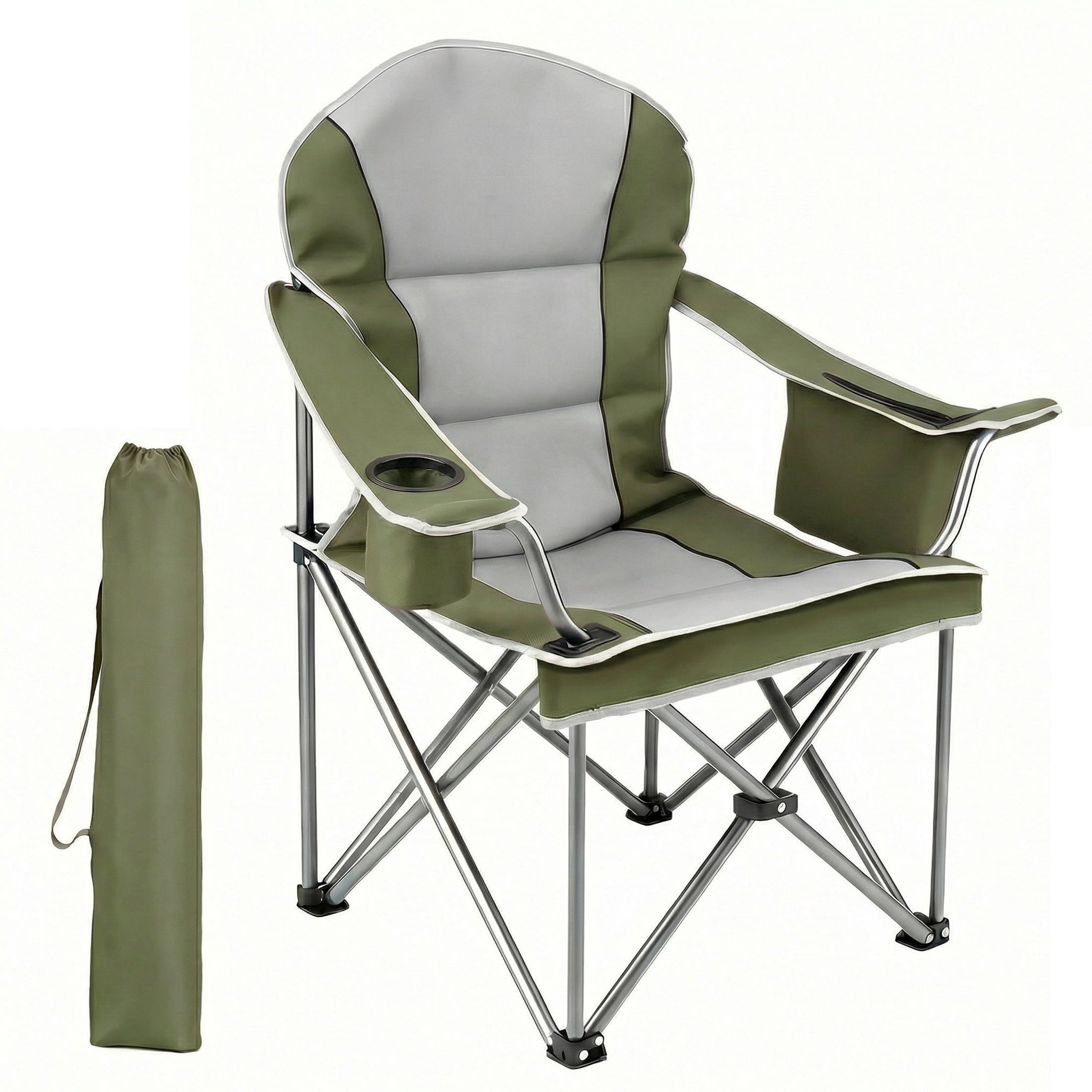 EDX Heavy Duty Camping Chair 500 lb Capacity, Oversized Extra Wide for Adults, Padded High Back Folding Lawn Chair, 500 lbs Steel Frame, Portable Outdoor Camping Chair with Cup Holder, Red Gray