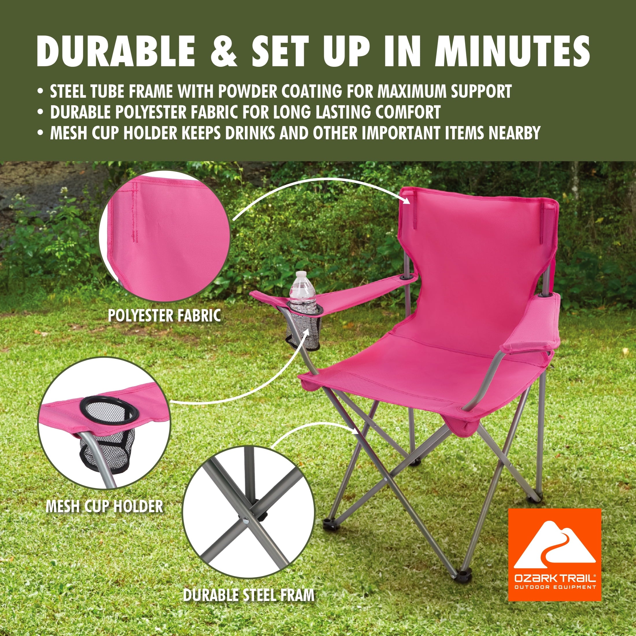 Ozark Trail Quad Folding Camp Chair with Cup Holder, Black