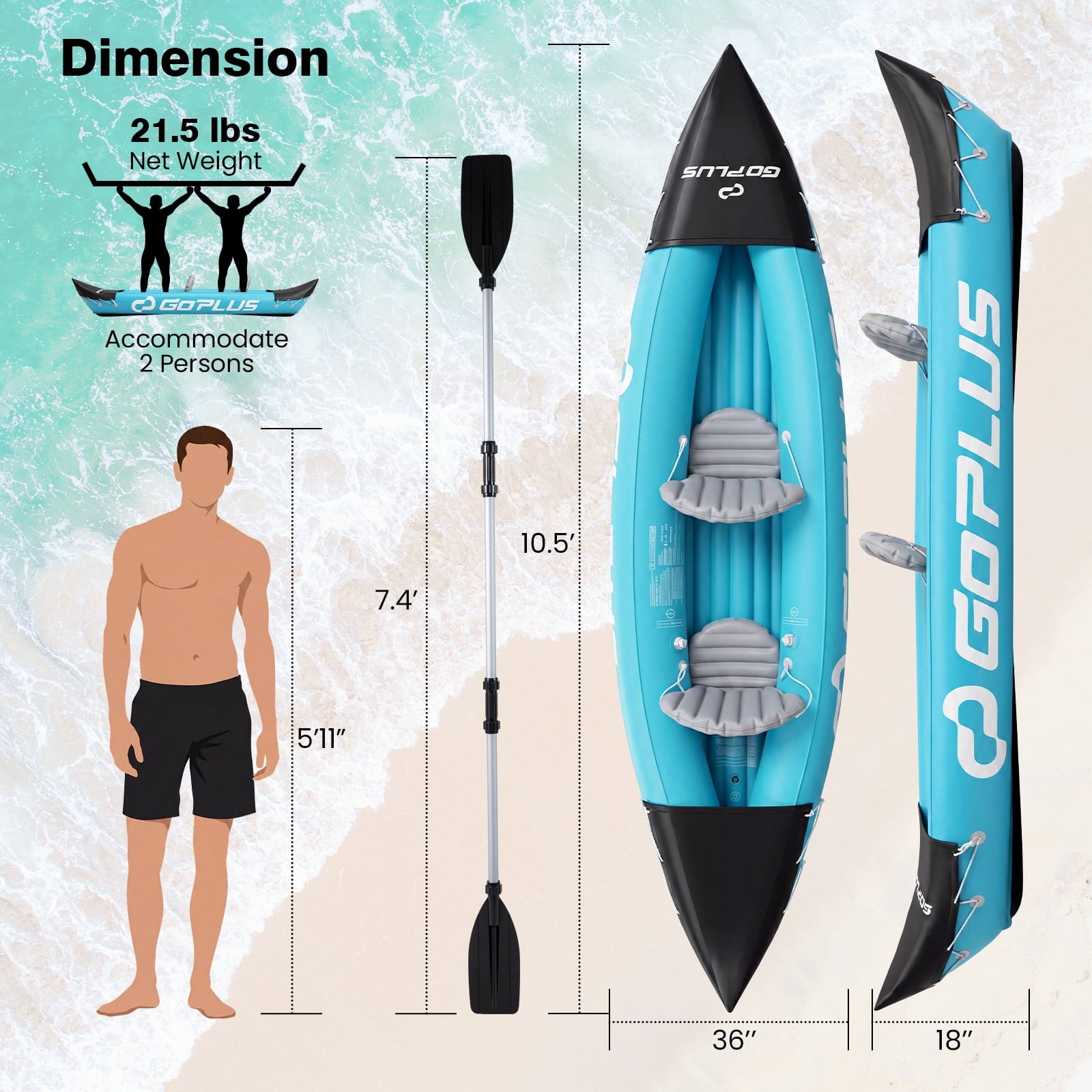 Goplus Inflatable Kayak 2 Person, Heavy Duty Tandem Touring Kayak with Aluminum Paddles Green + Black