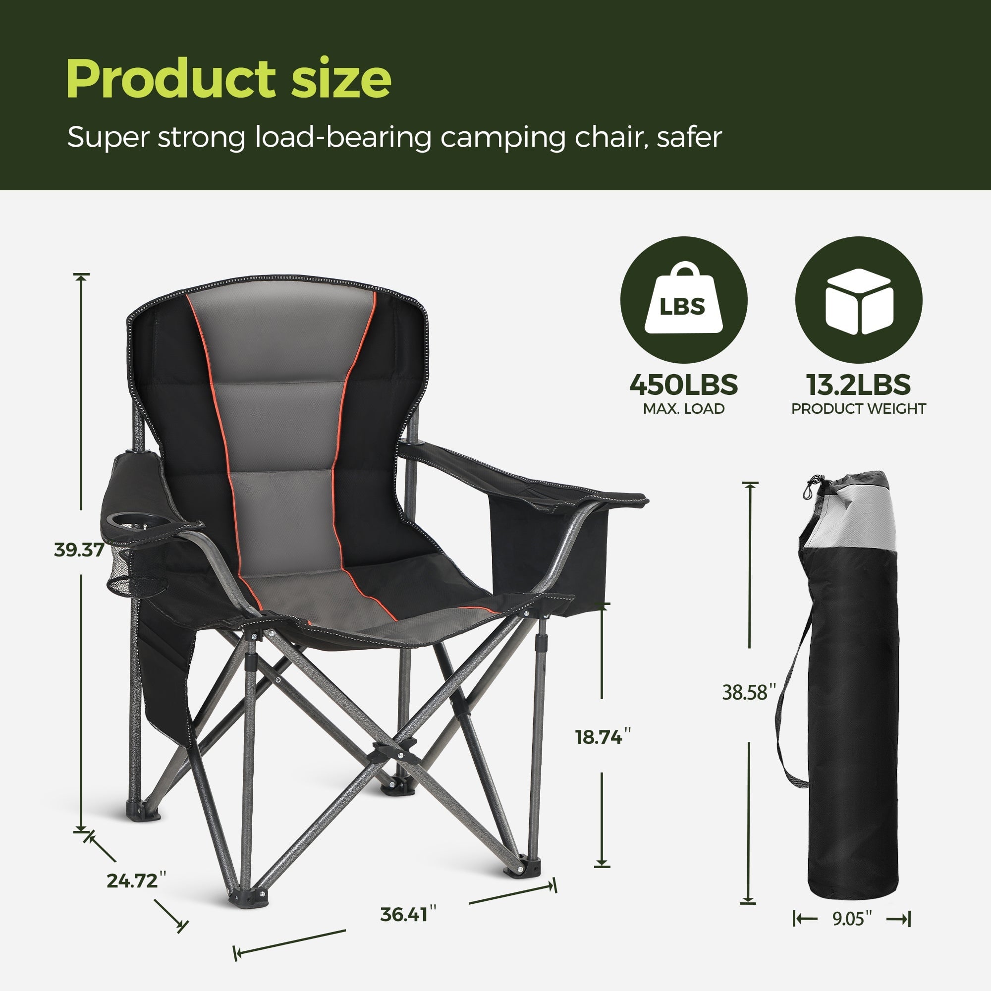 Sophia & William 2 Pack Oversized Camping Chair Heavy-Duty Steel Frame Supports 450Lbs, Foldable Outdoor Lawn Chair with Cup Holder for Backyard & Camping, Black