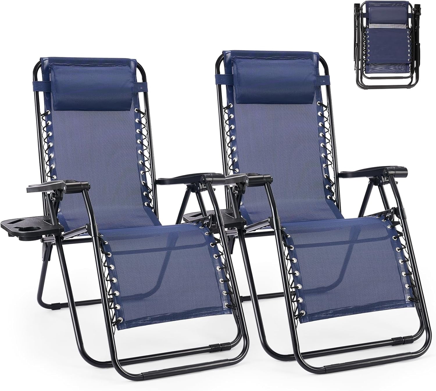 Simenmax Zero Gravity Chair Set of 2, Reclining Folding Outdoor Chairs with Adjustable Headrest & Cup Holder, Anti - Gravity Loungers for Backyard, Patio, Lawn, Poolside,Blue