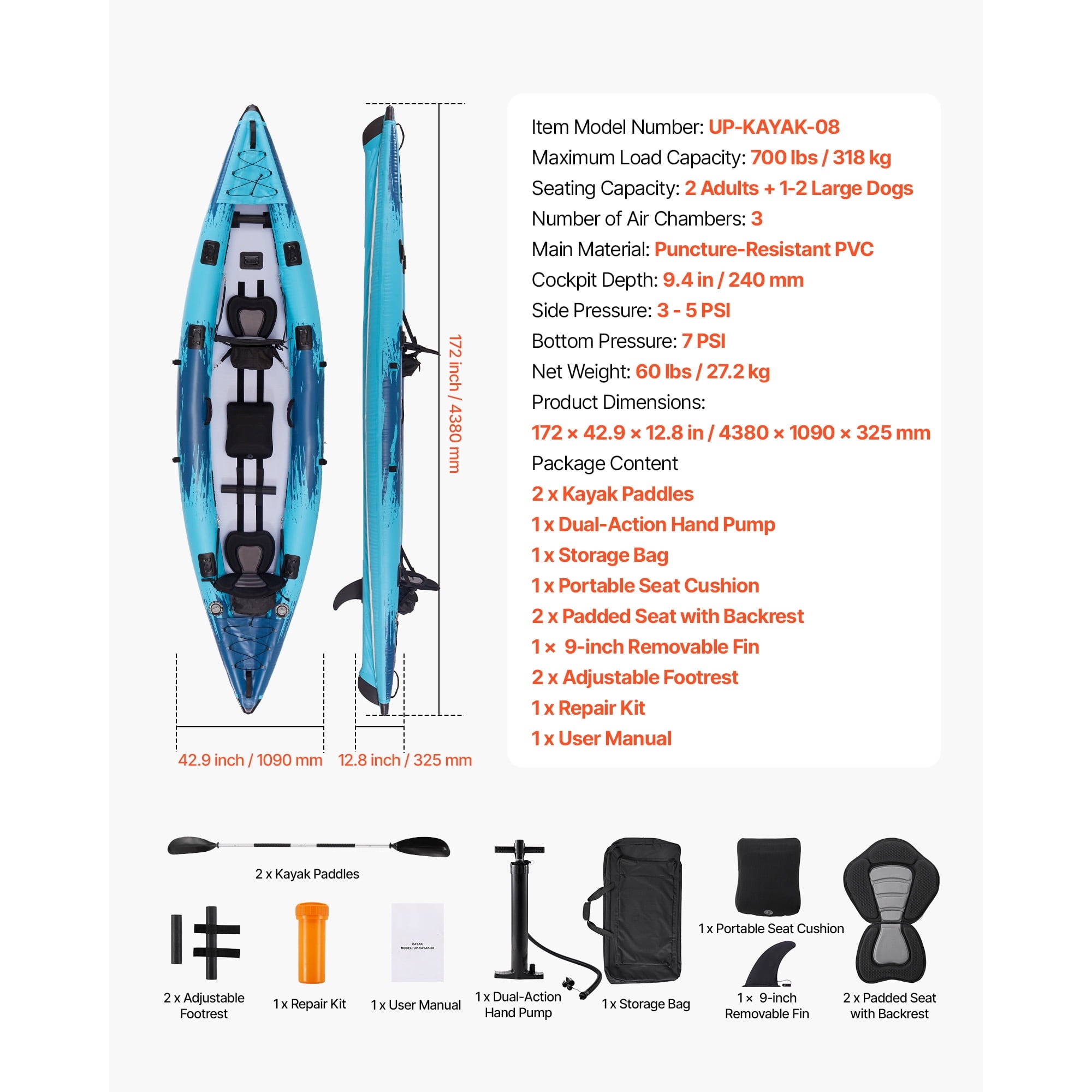 KFFKFF 2-Person Inflatable Kayak, 700LBS Capacity, Durable & Leak-Resistant Design with Padded Seats, PVC Drop-Stitch Floor, Dual Paddles, Hand Pump, and Carry Bag for Fishing and Camping