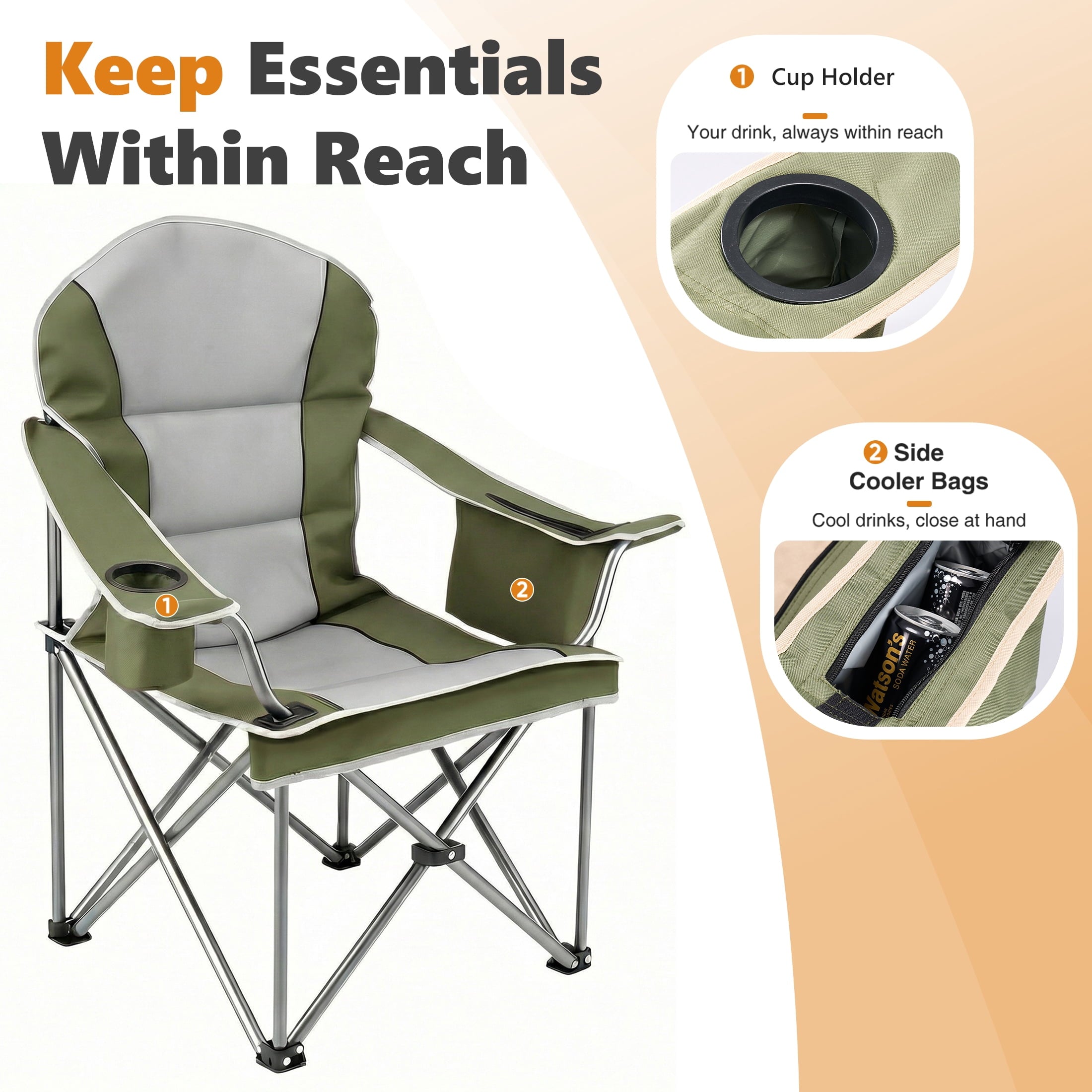 EDX Heavy Duty Camping Chair 500 lb Capacity, Oversized Extra Wide for Adults, Padded High Back Folding Lawn Chair, 500 lbs Steel Frame, Portable Outdoor Camping Chair with Cup Holder, Red Gray