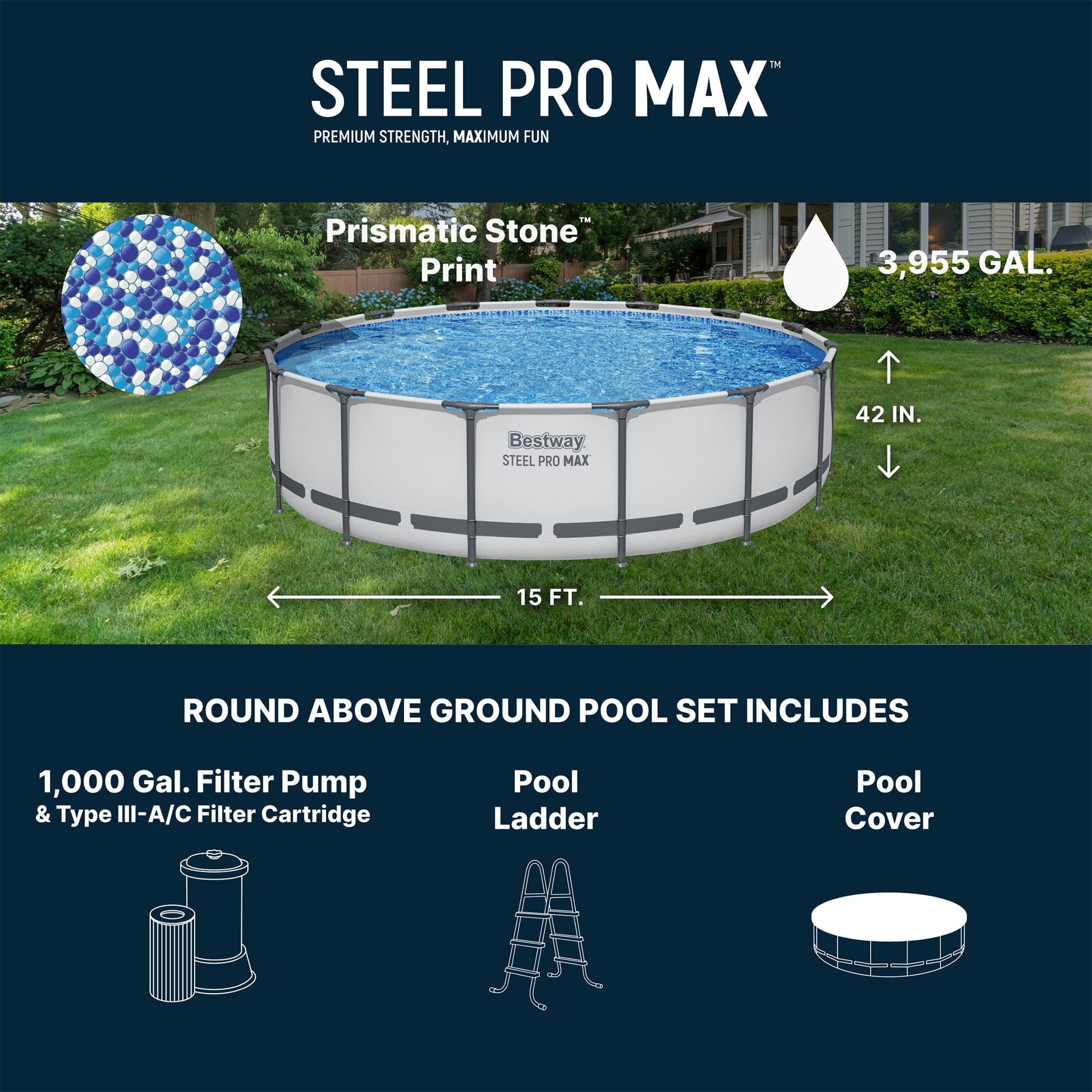 Bestway Steel Pro MAX 15'x42 Metal Frame Above Ground Pool Set w/ Pump, Ladder, & Cover