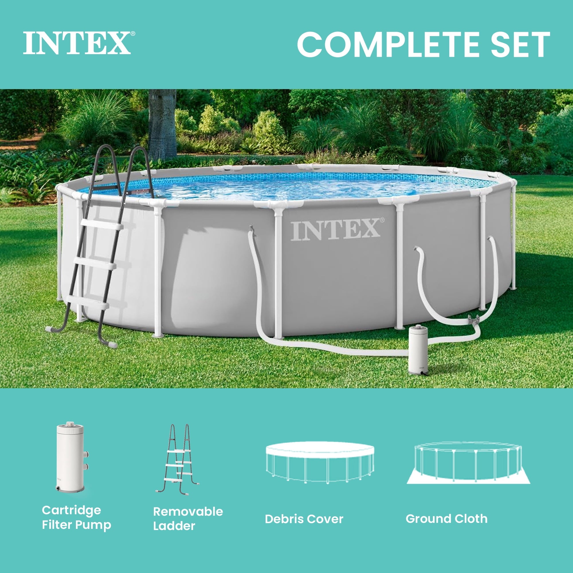INTEX 26719EP Prism Frame 14'x42 Above Ground Pool w/ Pump, Ladder, Cover, Ground Cloth
