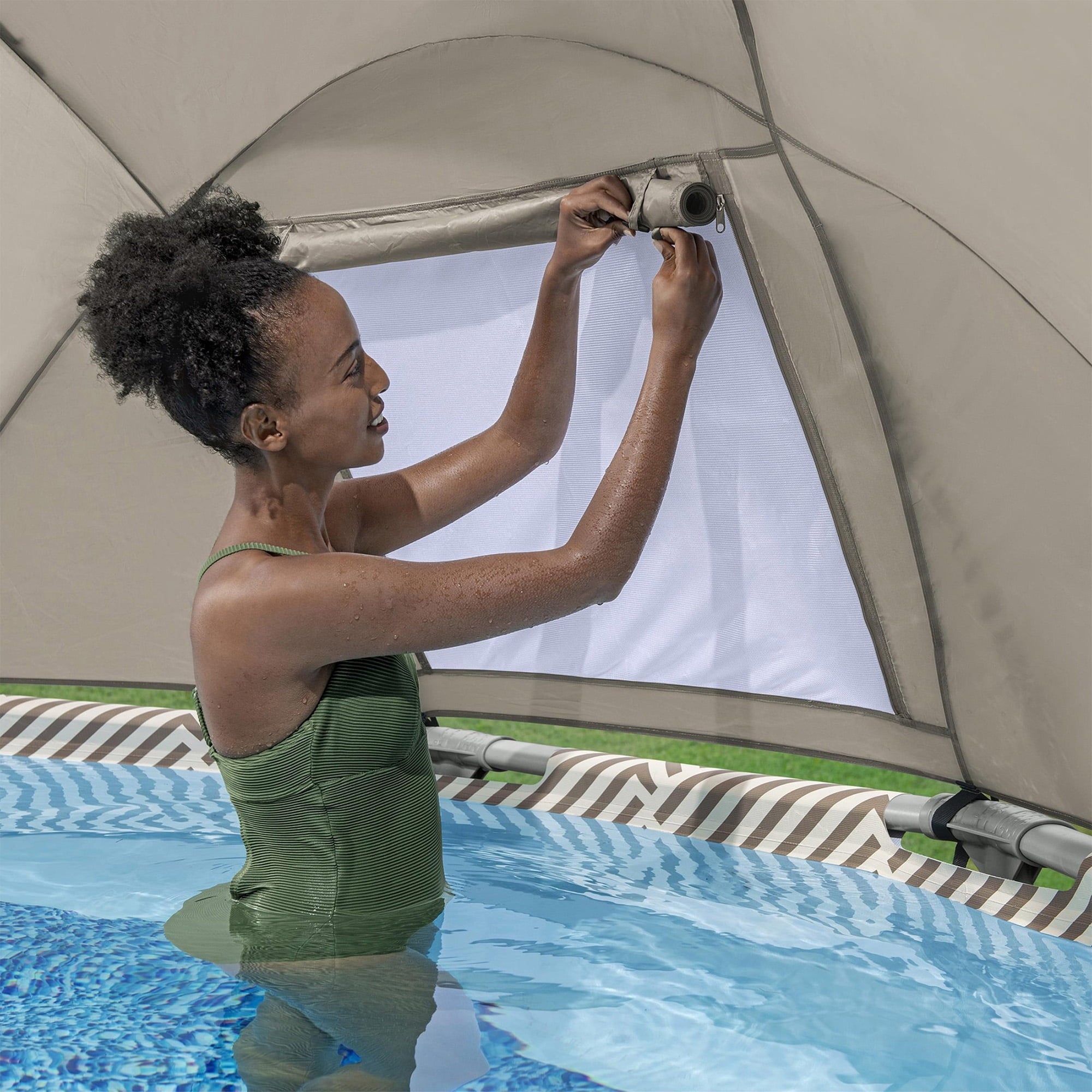 Bestway Power Steel 14’x42” Metal Frame Above Ground Pool w/ Pump, Ladder, & Cover, Brown