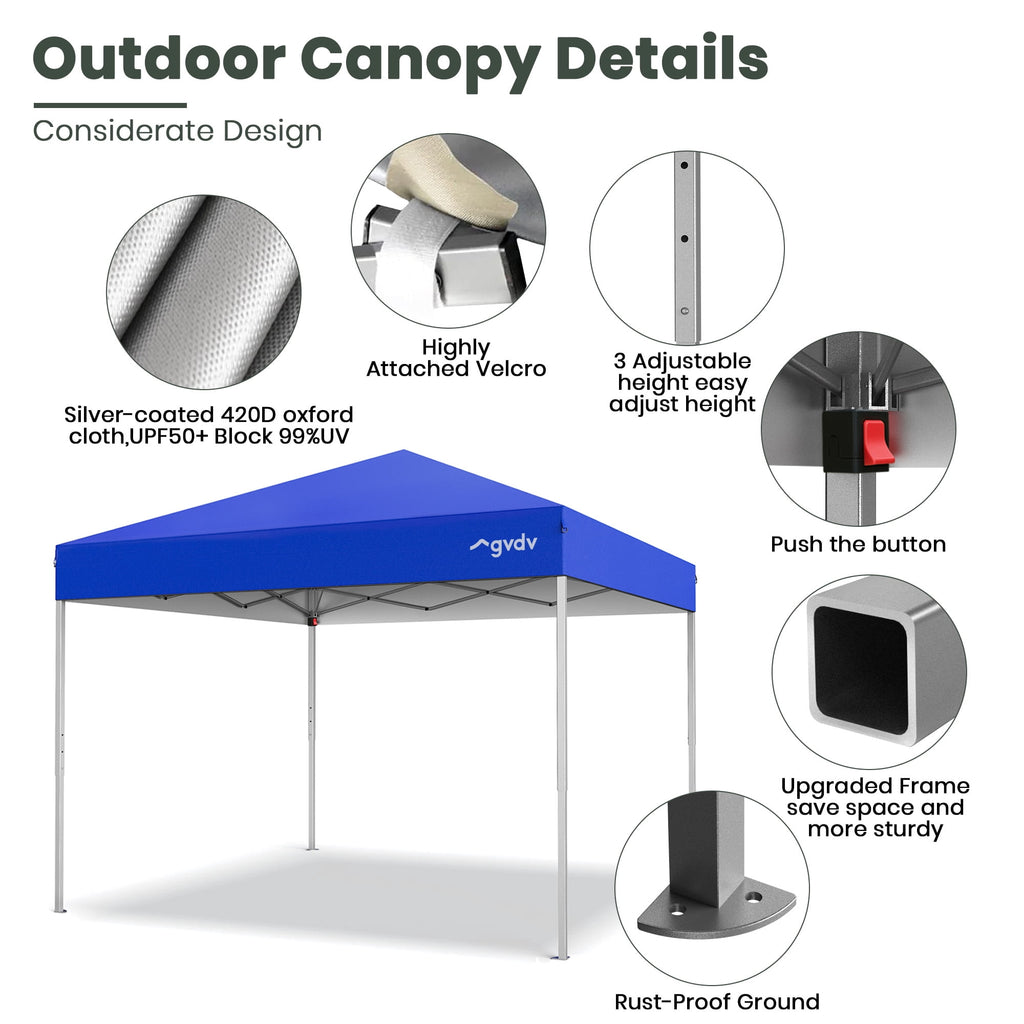 GVDV Canopy Tent, 10x10 ft Easy Pop up Outdoor Canopy Tent, Portable Straight Leg Gazebo Instant Canopy, Blue