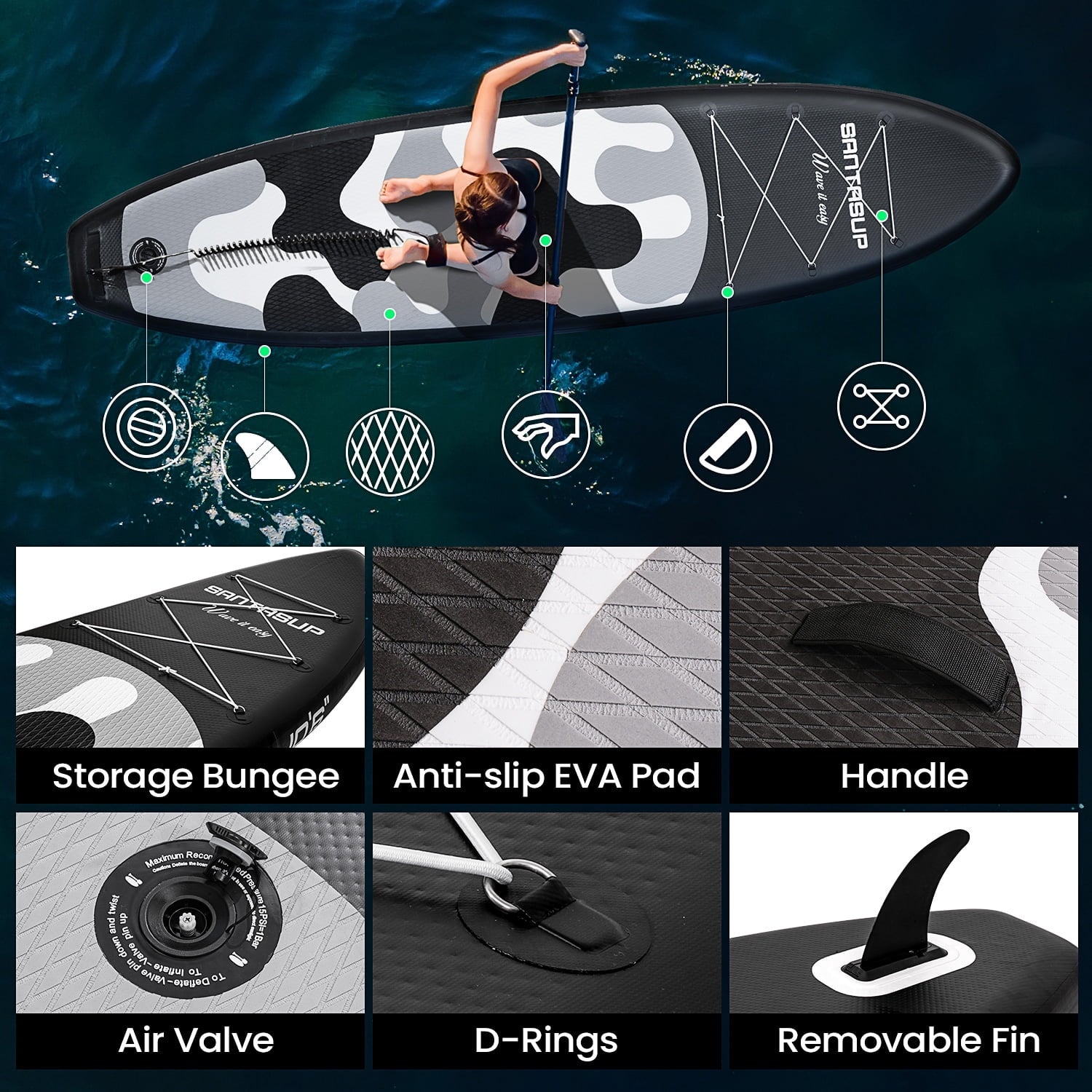Santasup Blow Up Paddle Board Inflatable Paddle Board For Adults, 10ft Stand Up Paddleboard, Sup Board With Sup Accessories, Non-Slip Deck, Adjustable Paddle, Travel Backpack Wide Stance Pink