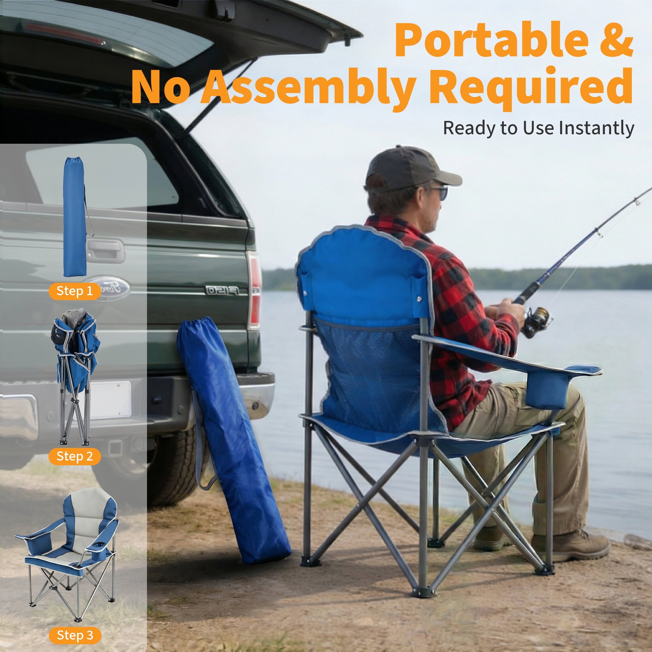 EDX Heavy Duty Camping Chair 500 lb Capacity, Oversized Extra Wide for Adults, Padded High Back Folding Lawn Chair, 500 lbs Steel Frame, Portable Outdoor Camping Chair with Cup Holder, Red Gray