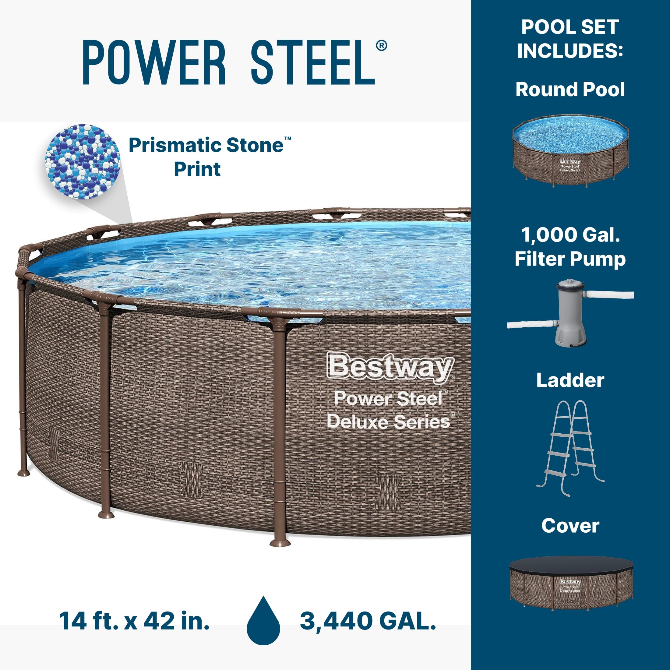 Bestway Power Steel 14’x42” Metal Frame Above Ground Pool w/ Pump, Ladder, & Cover, Brown